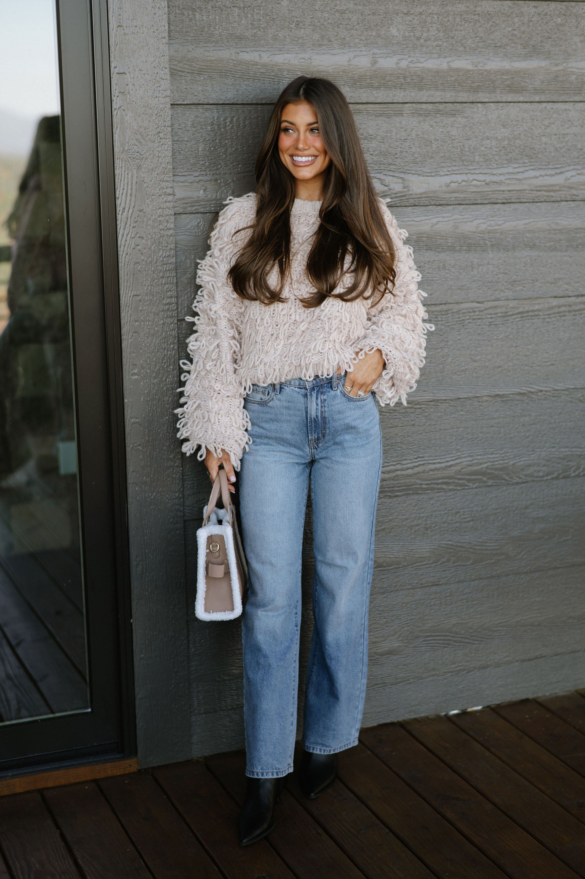 Knitted Shaggy Sweater-Taupe