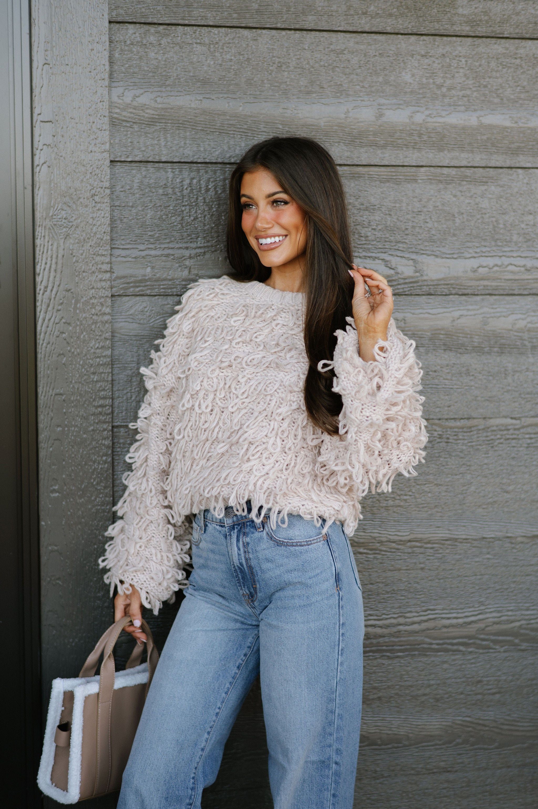 Knitted Shaggy Sweater-Taupe