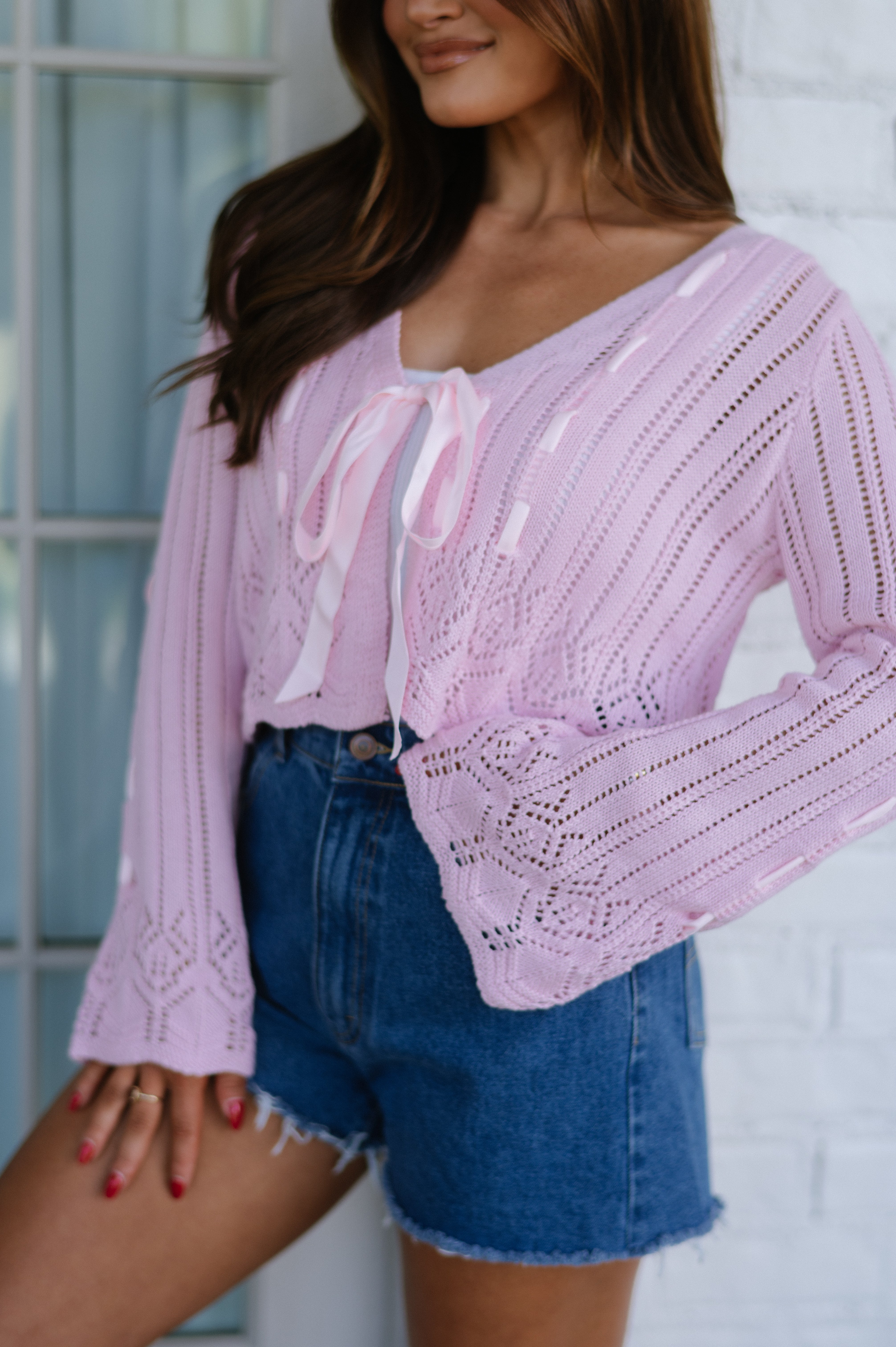 Aubree Laced Ribbon Cardigan- Light Pink