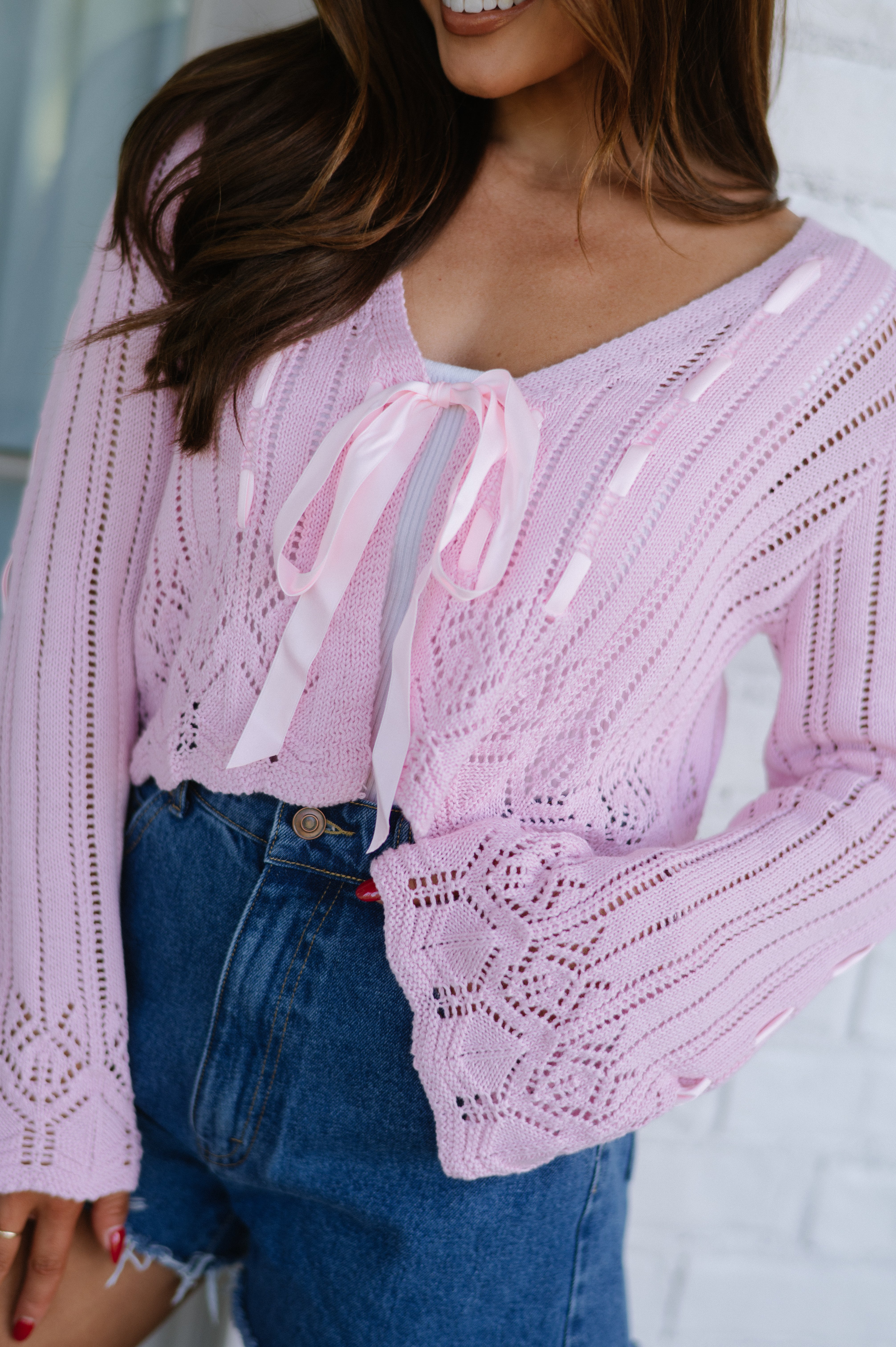 Aubree Laced Ribbon Cardigan- Light Pink