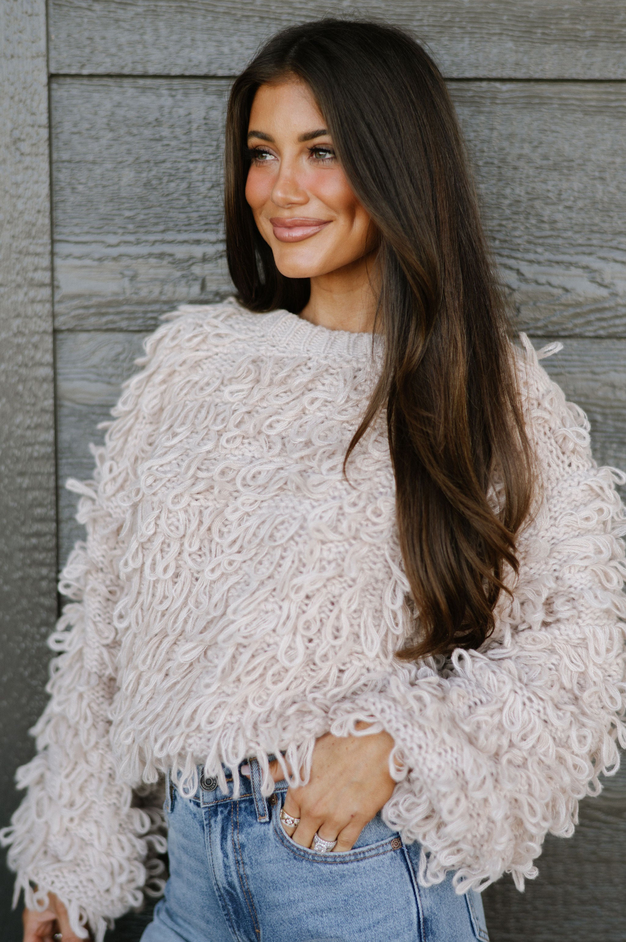 Knitted Shaggy Sweater-Taupe