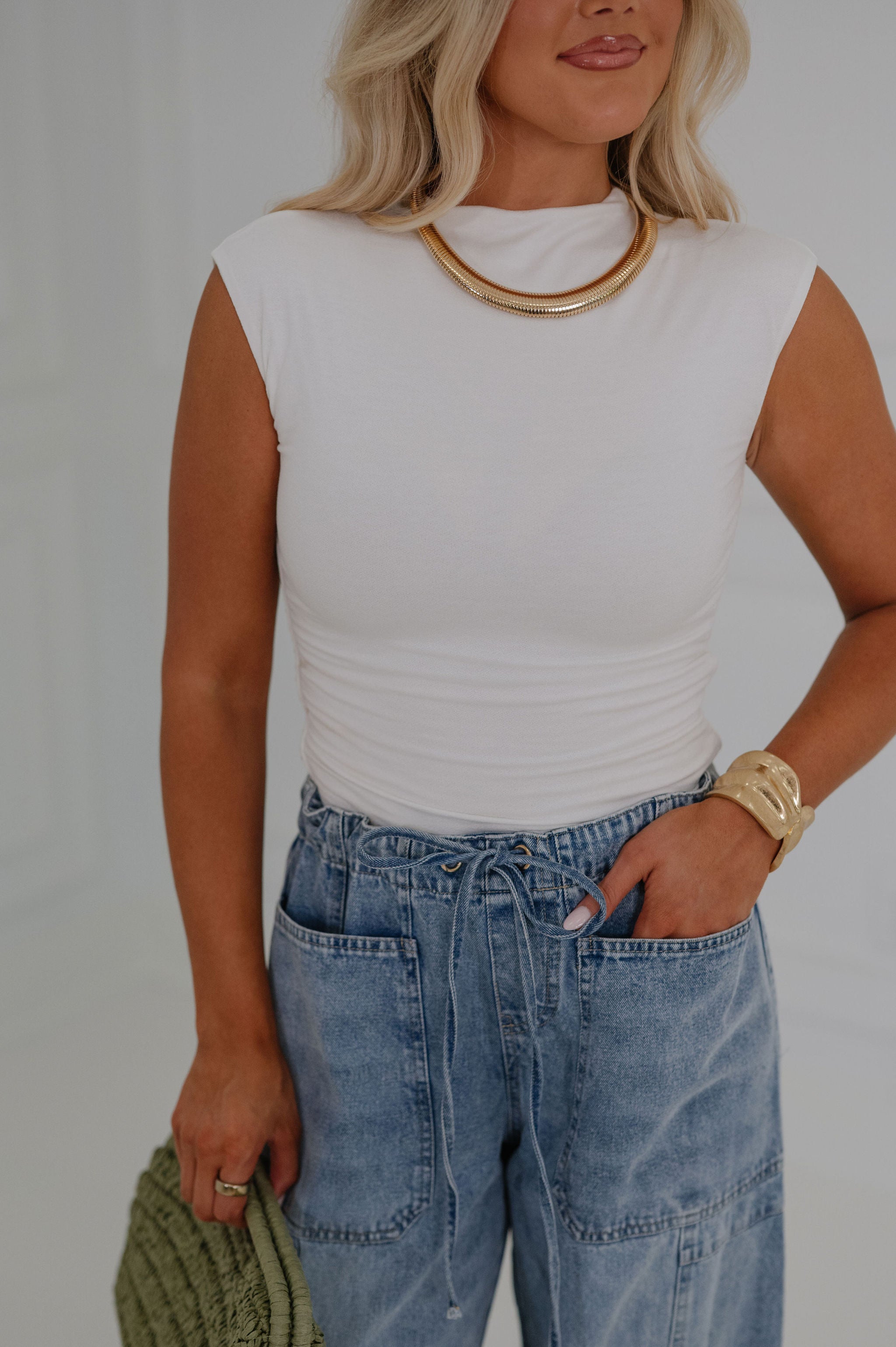 Side Ruched Mock Neck Top-Off White
