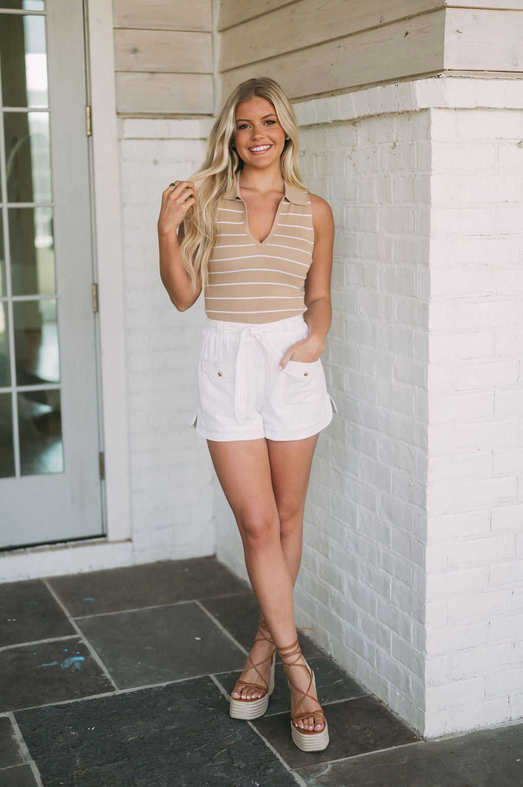 Striped Collared Knit Top-Taupe
