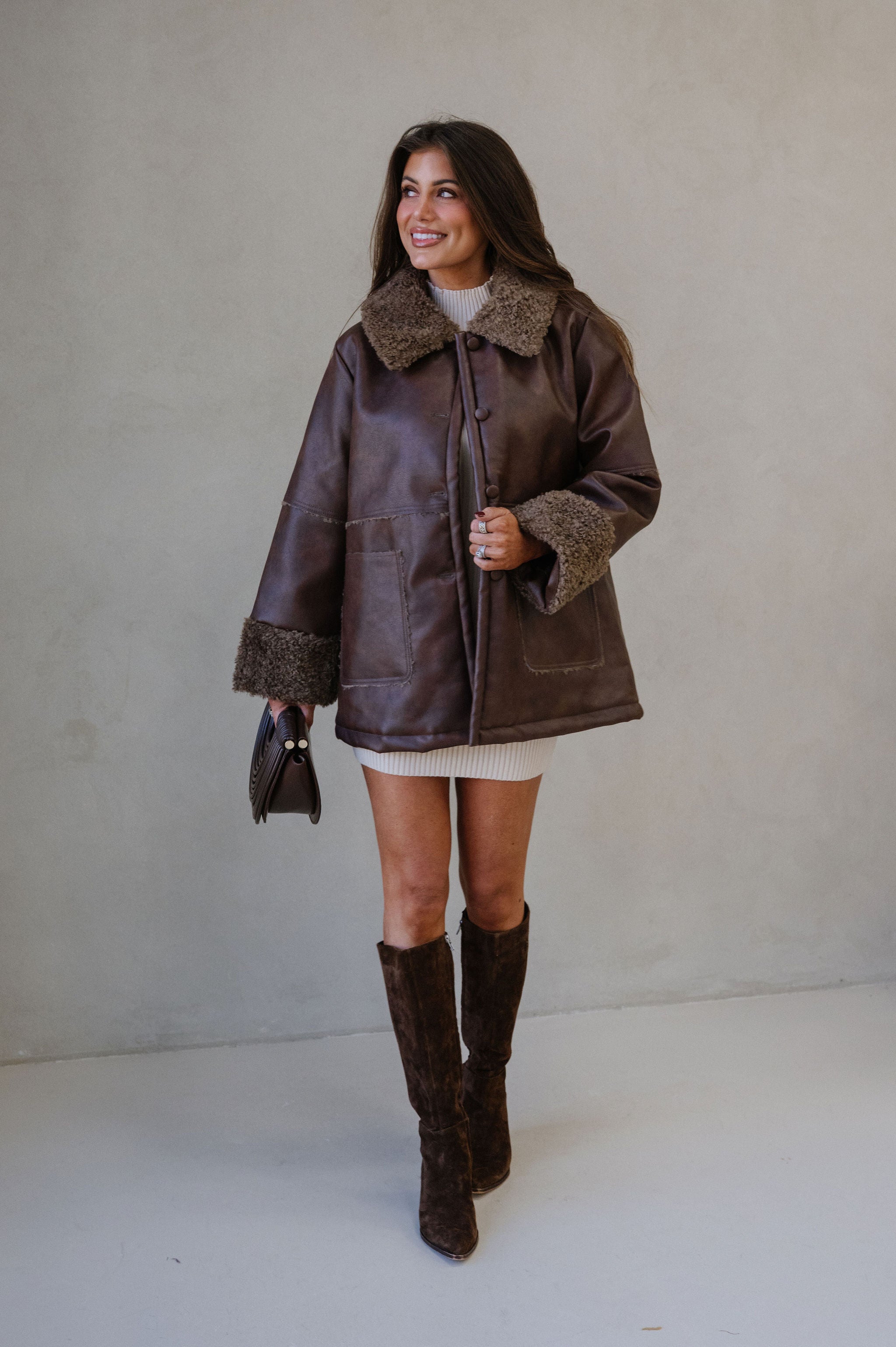 Faux Leather Sherpa Trim Jacket-Brown