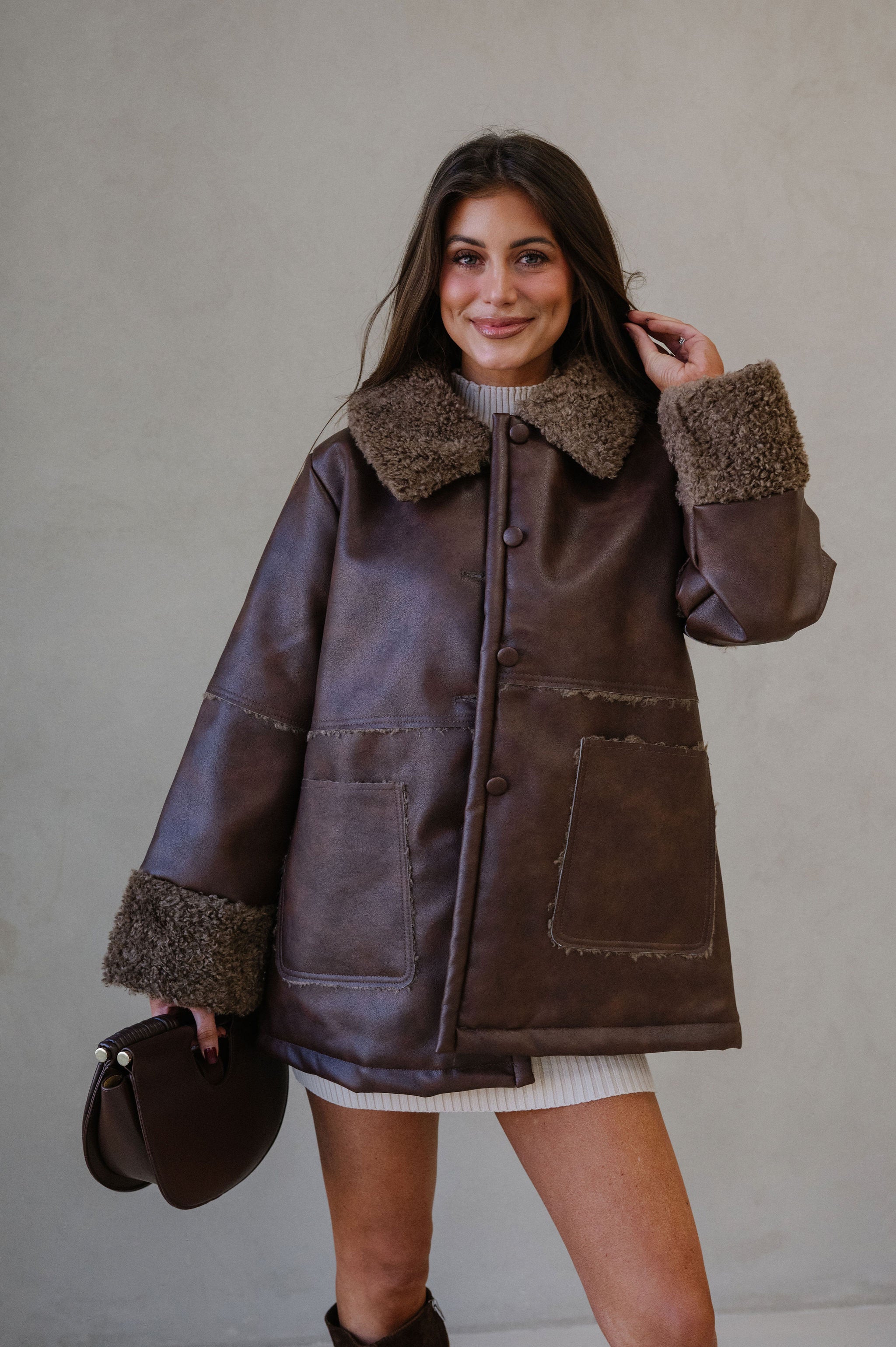 Faux Leather Sherpa Trim Jacket-Brown