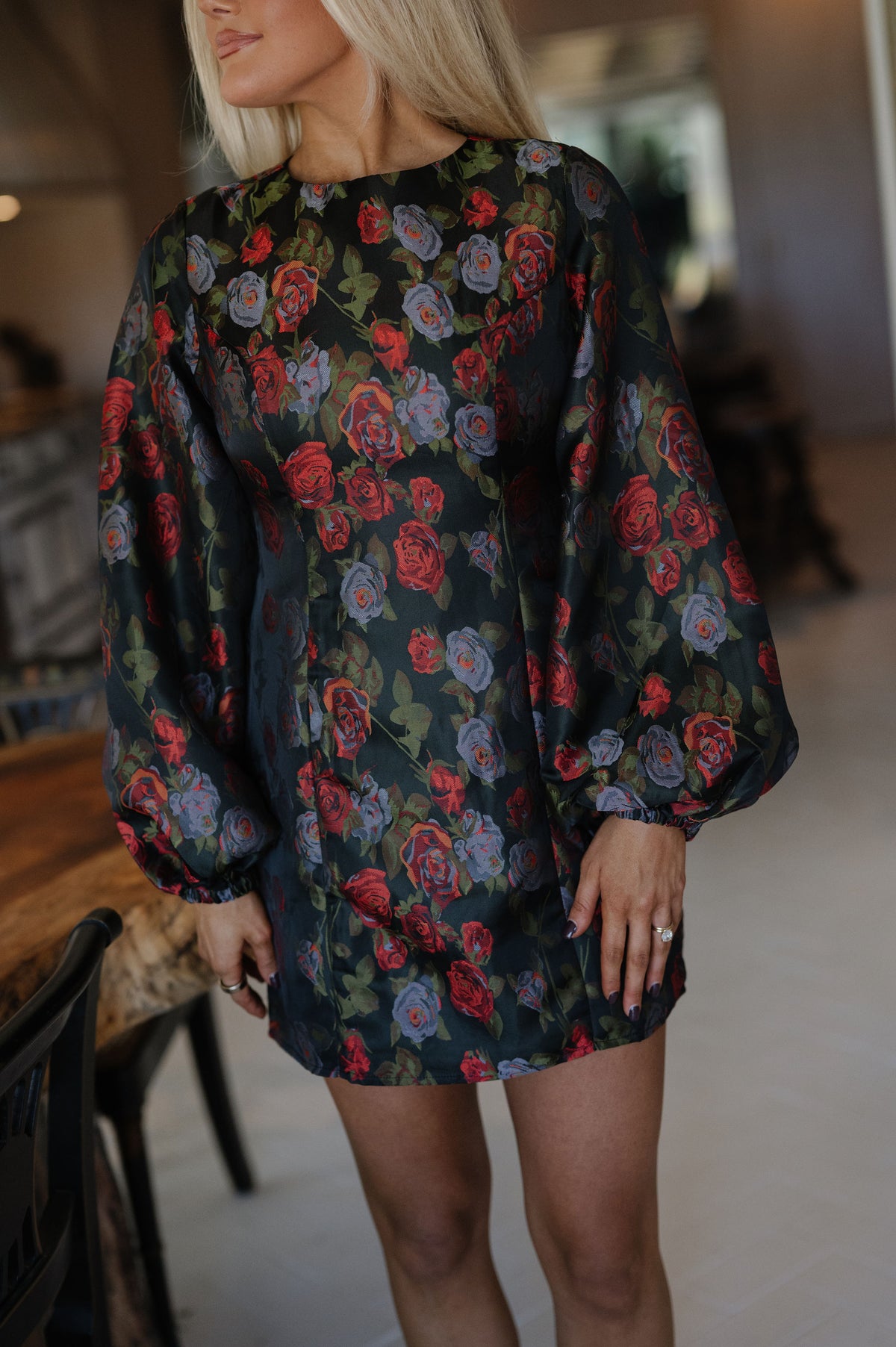 Balloon Sleeve Mini Dress-Multi