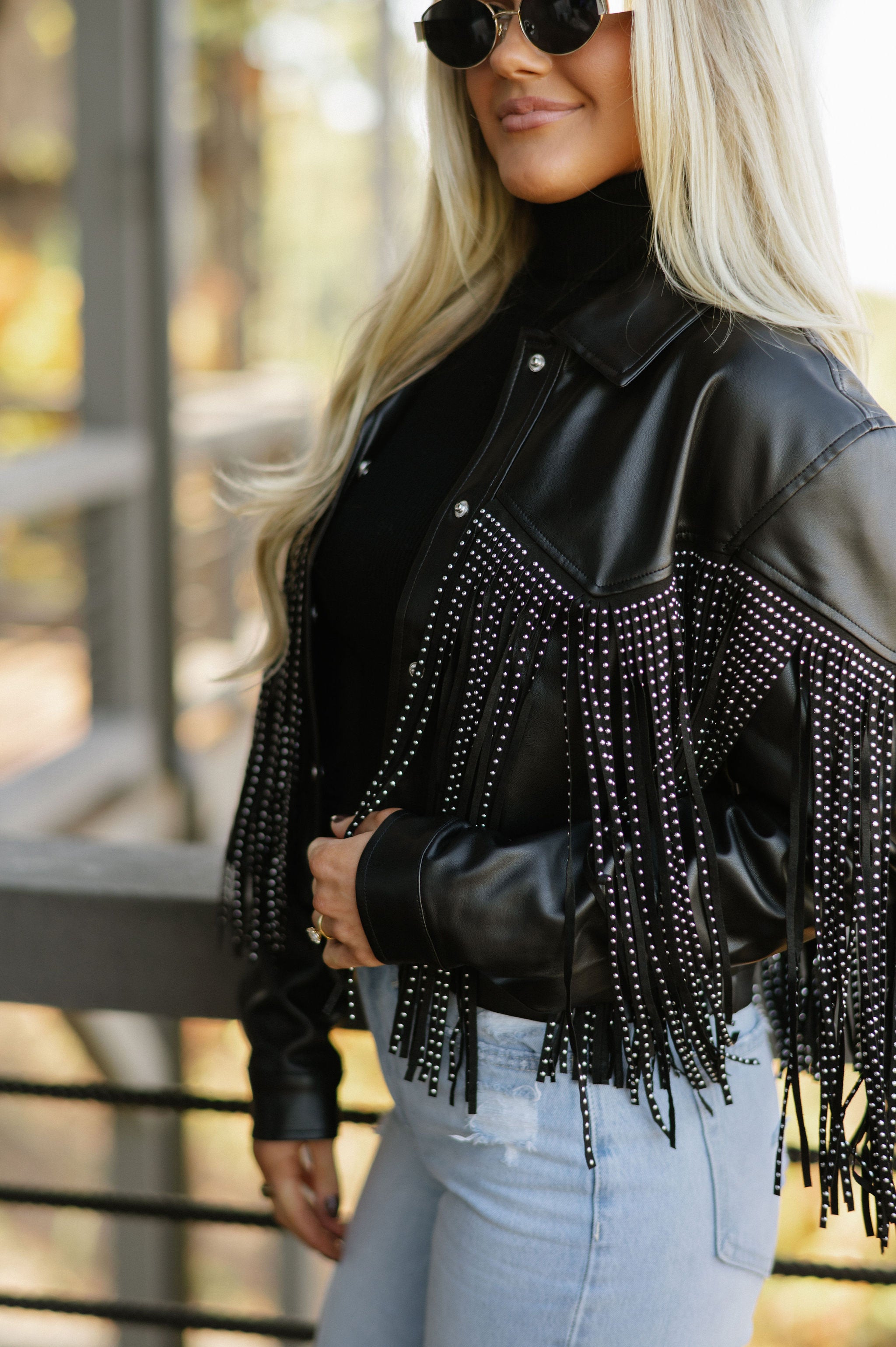 Studded Fringe Accent Faux Leather Jacket