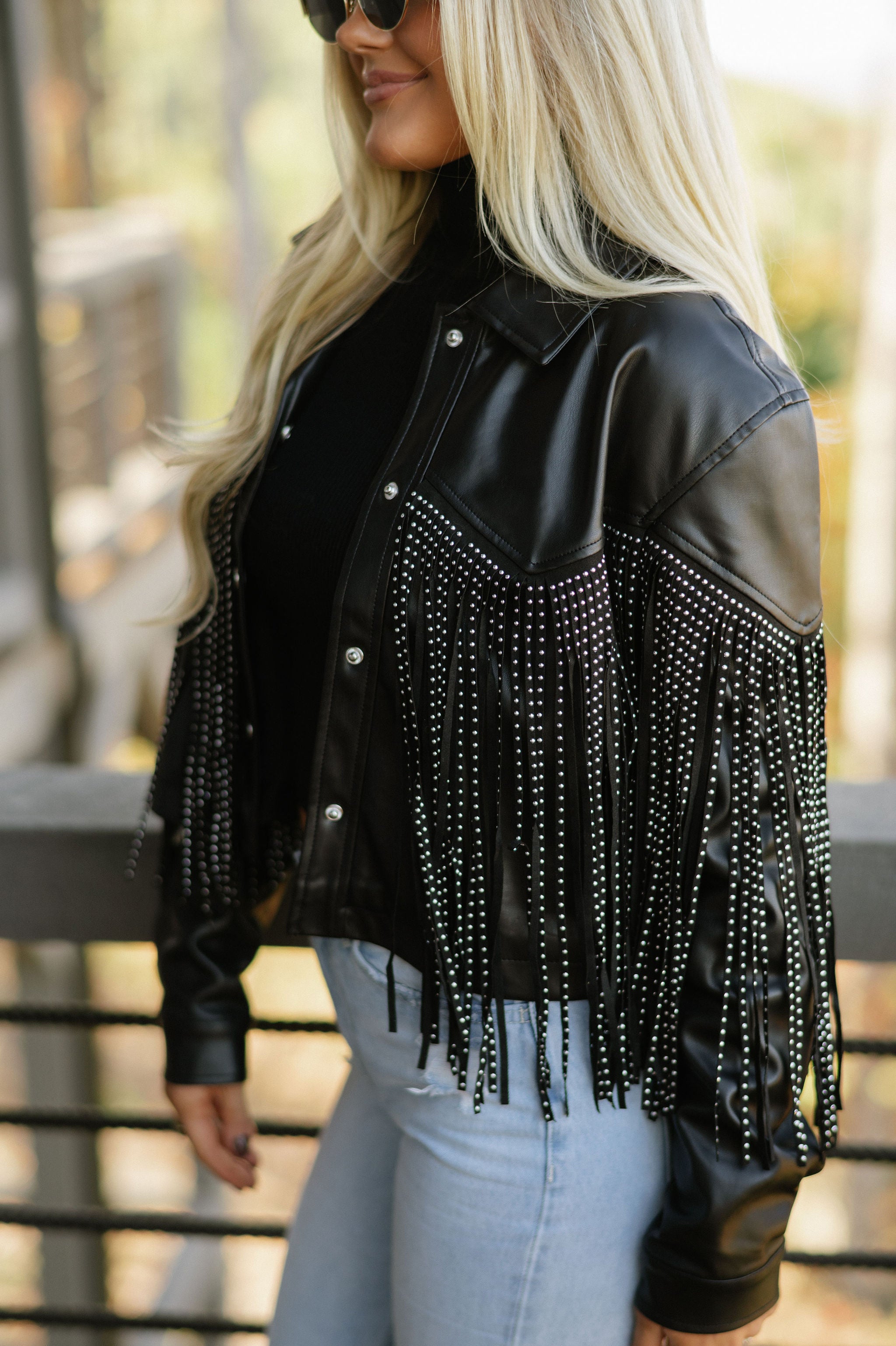 Studded Fringe Accent Faux Leather Jacket