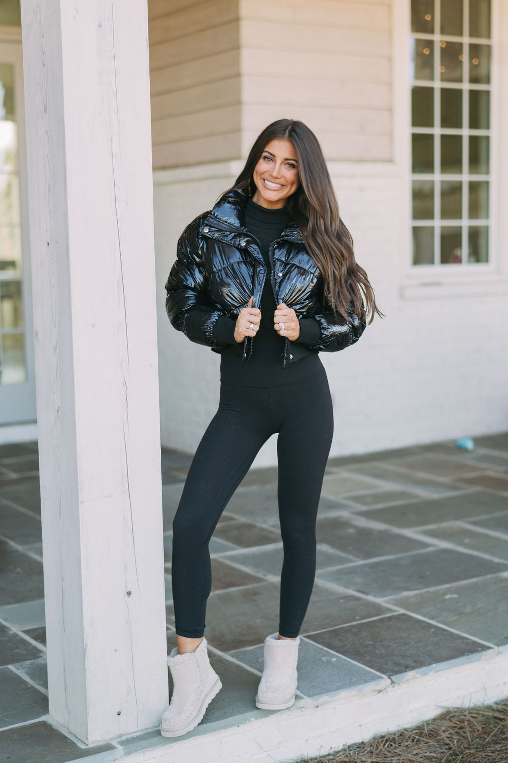 Shiny Leather Puffer Jacket- Black