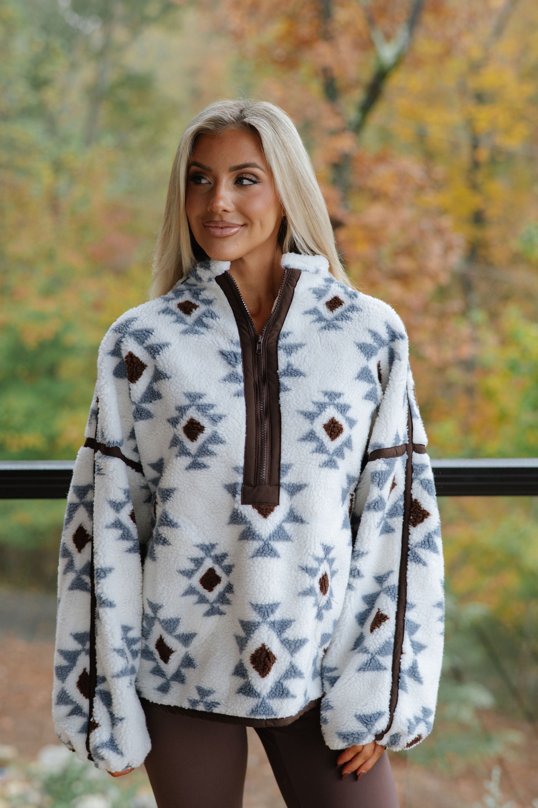 Geometric Sherpa Pullover-Cream