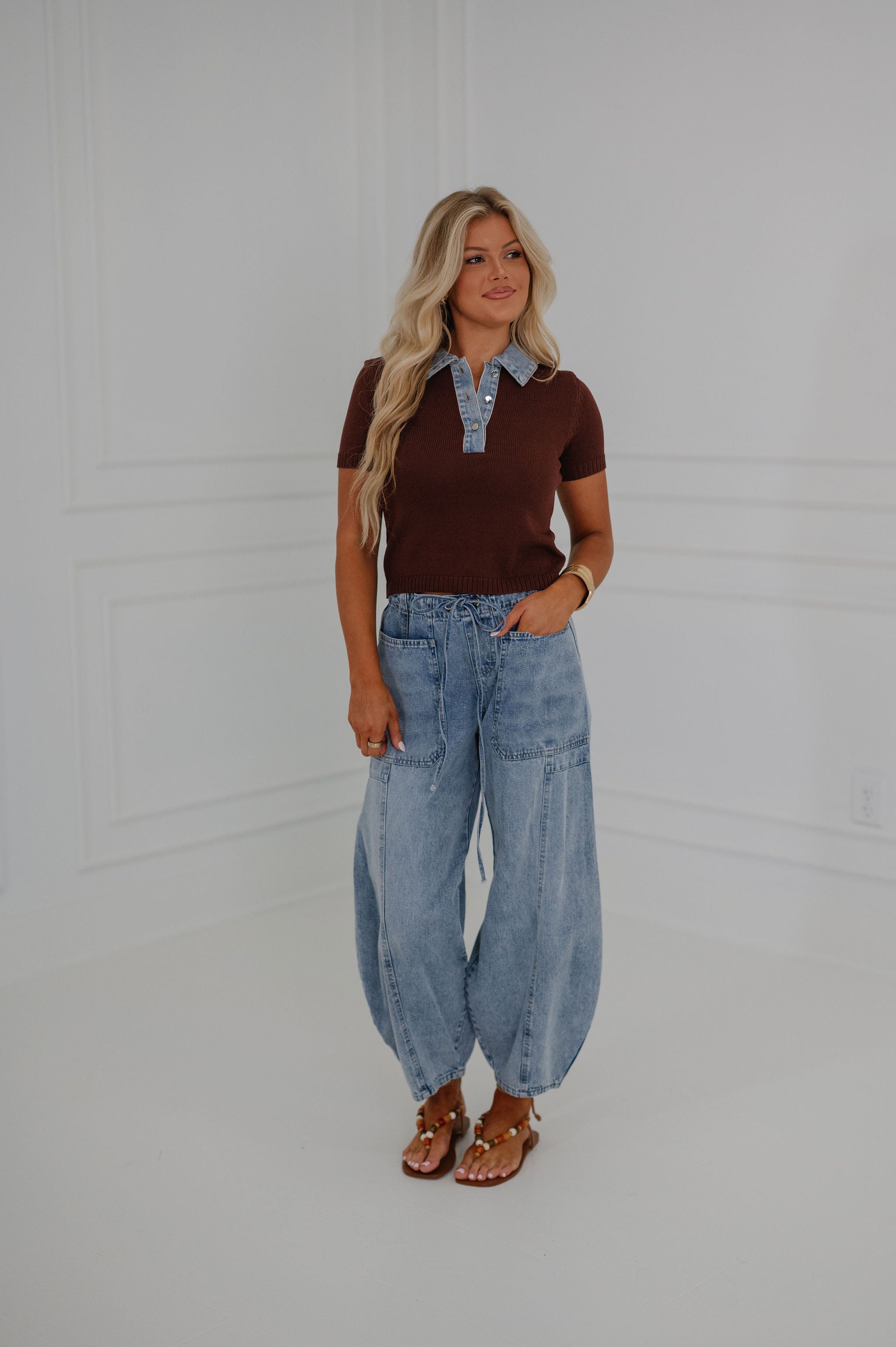 Marcy Sweater Top-Brown/Denim