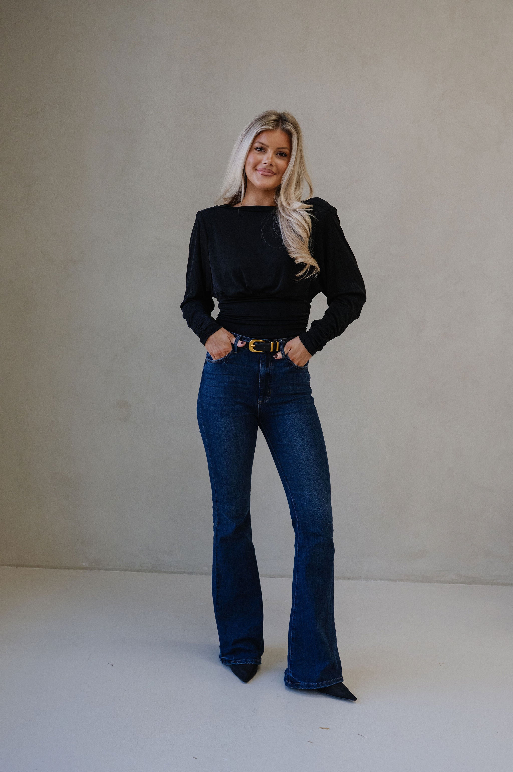 Cowl Back Ruched Top-Black