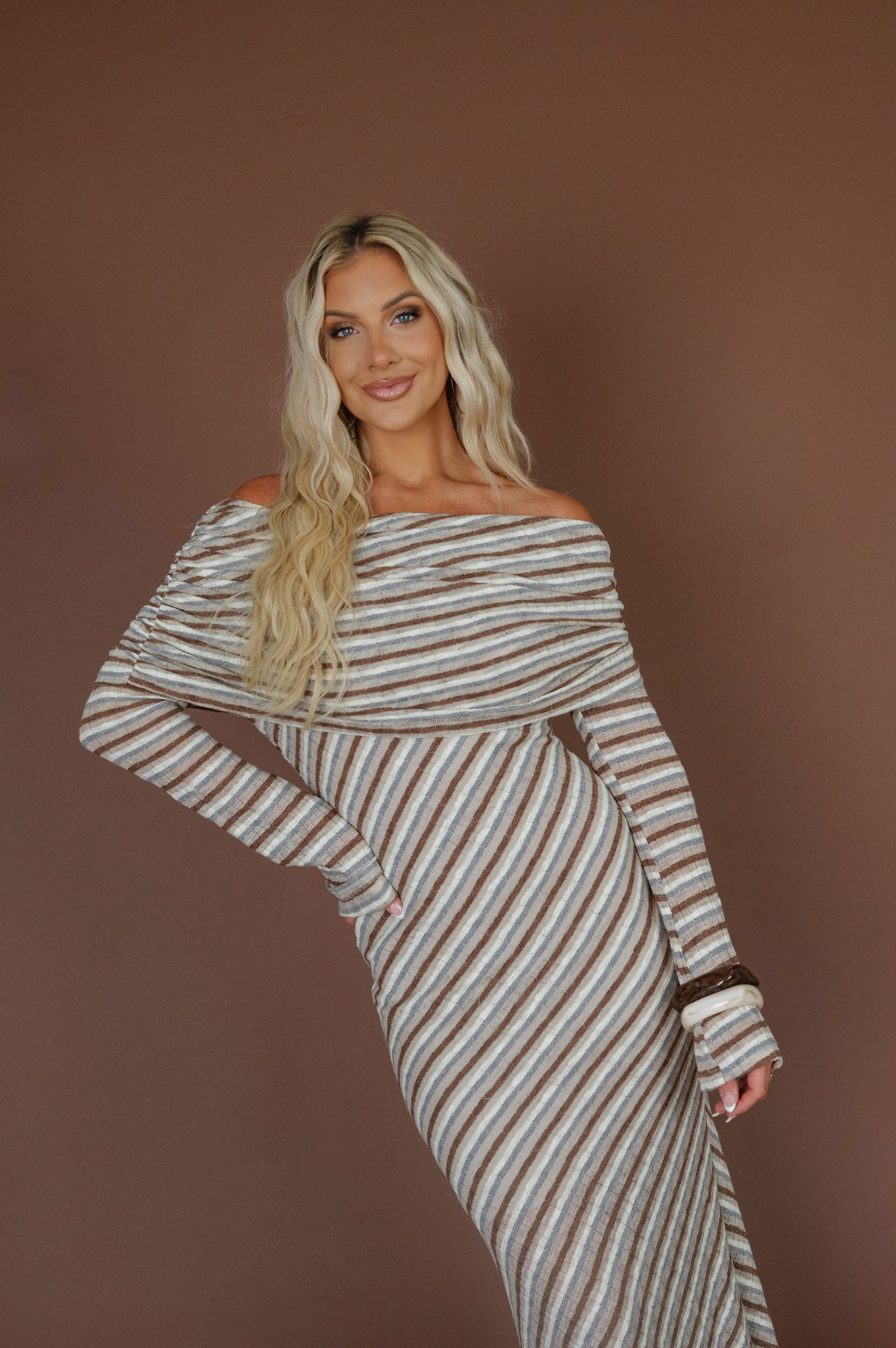 Striped Foldover Maxi Dress-Taupe Combo