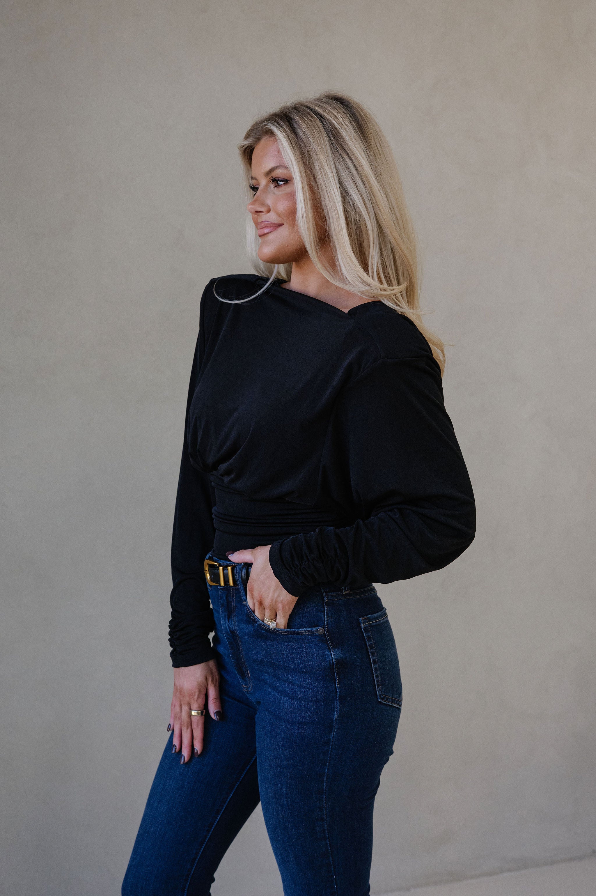 Cowl Back Ruched Top-Black