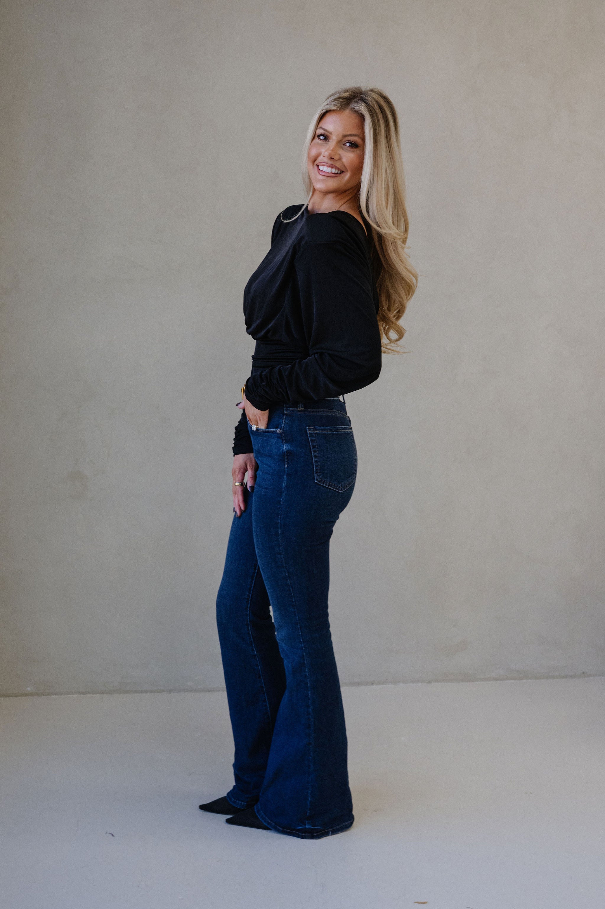 Cowl Back Ruched Top-Black