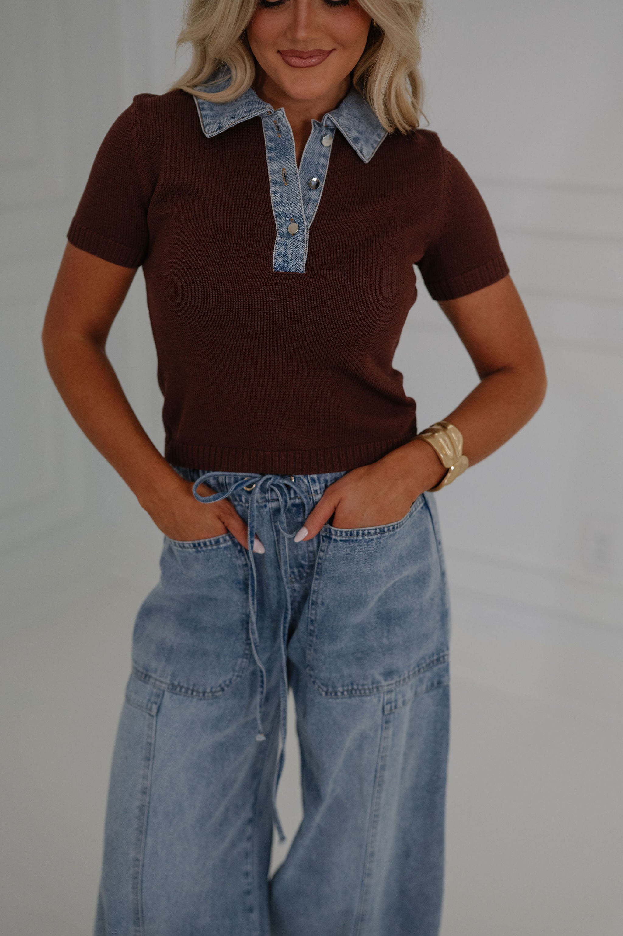 Marcy Sweater Top-Brown/Denim