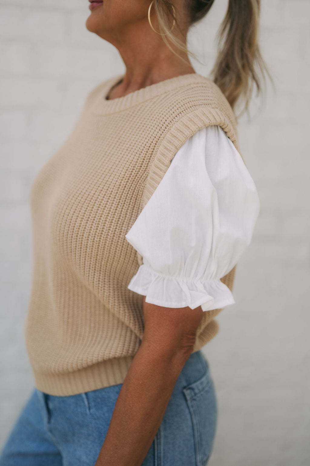 Contrast Puff Sleeve Sweater Knit Top- Tan