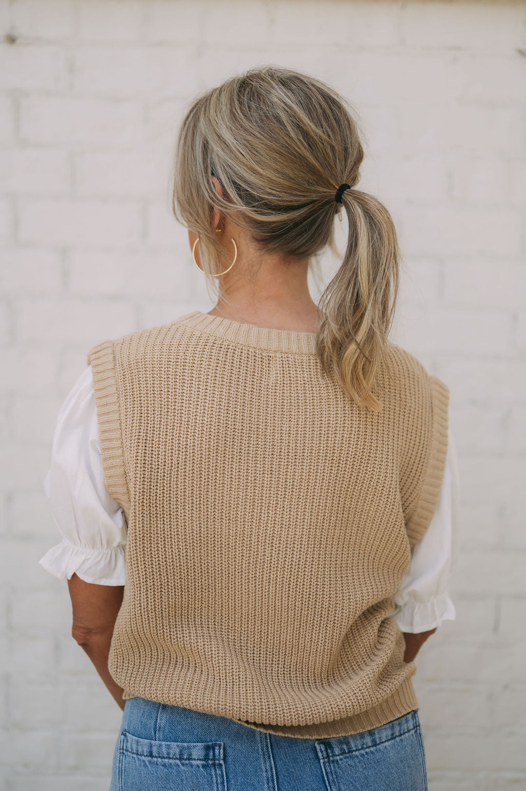 Contrast Puff Sleeve Sweater Knit Top- Tan