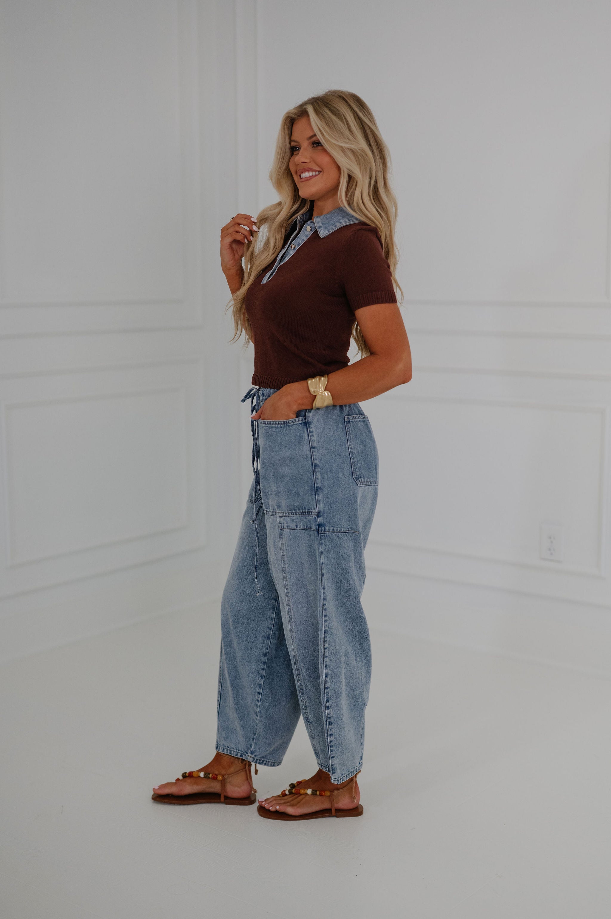 Marcy Sweater Top-Brown/Denim