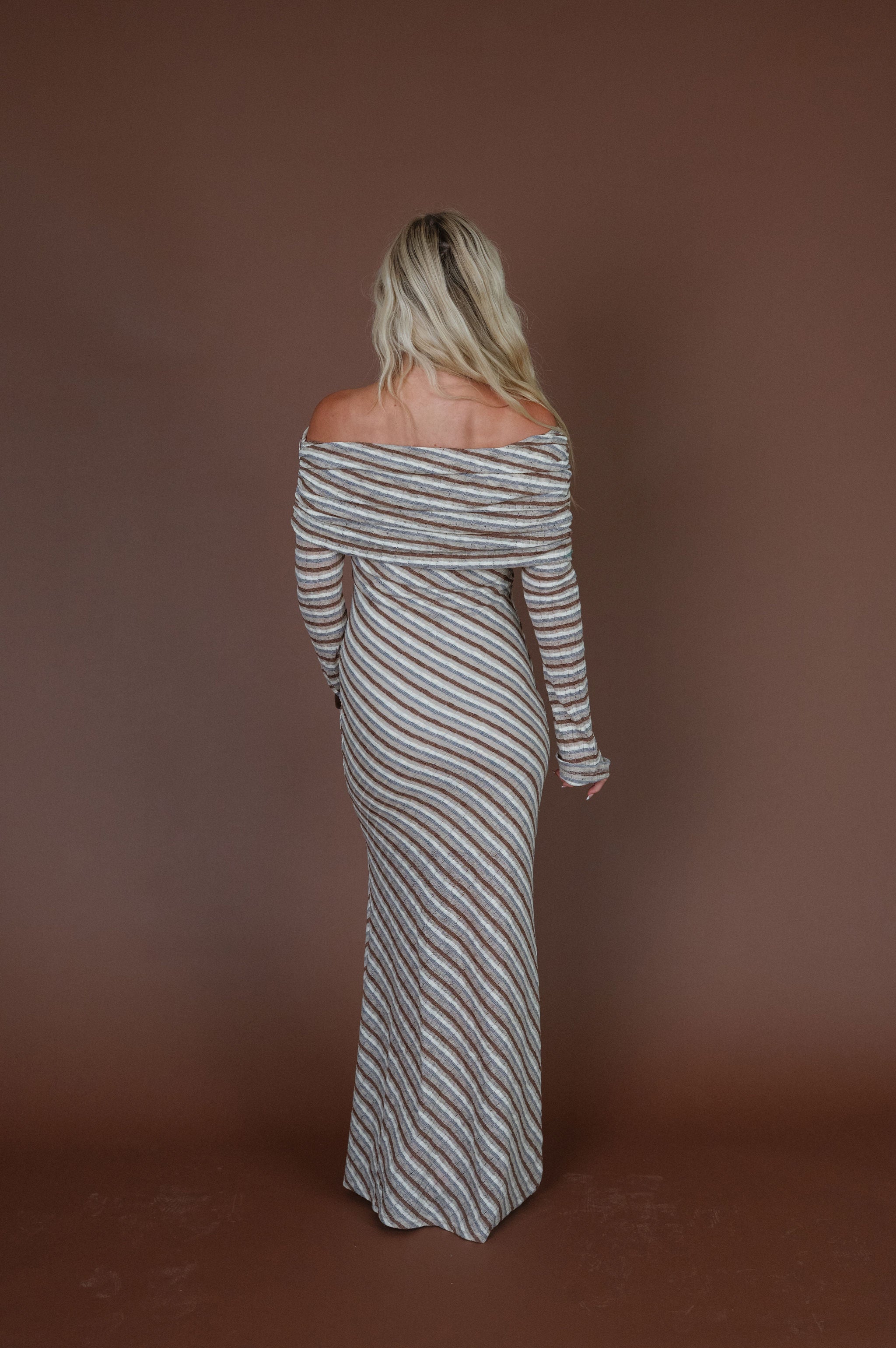 Striped Foldover Maxi Dress-Taupe Combo