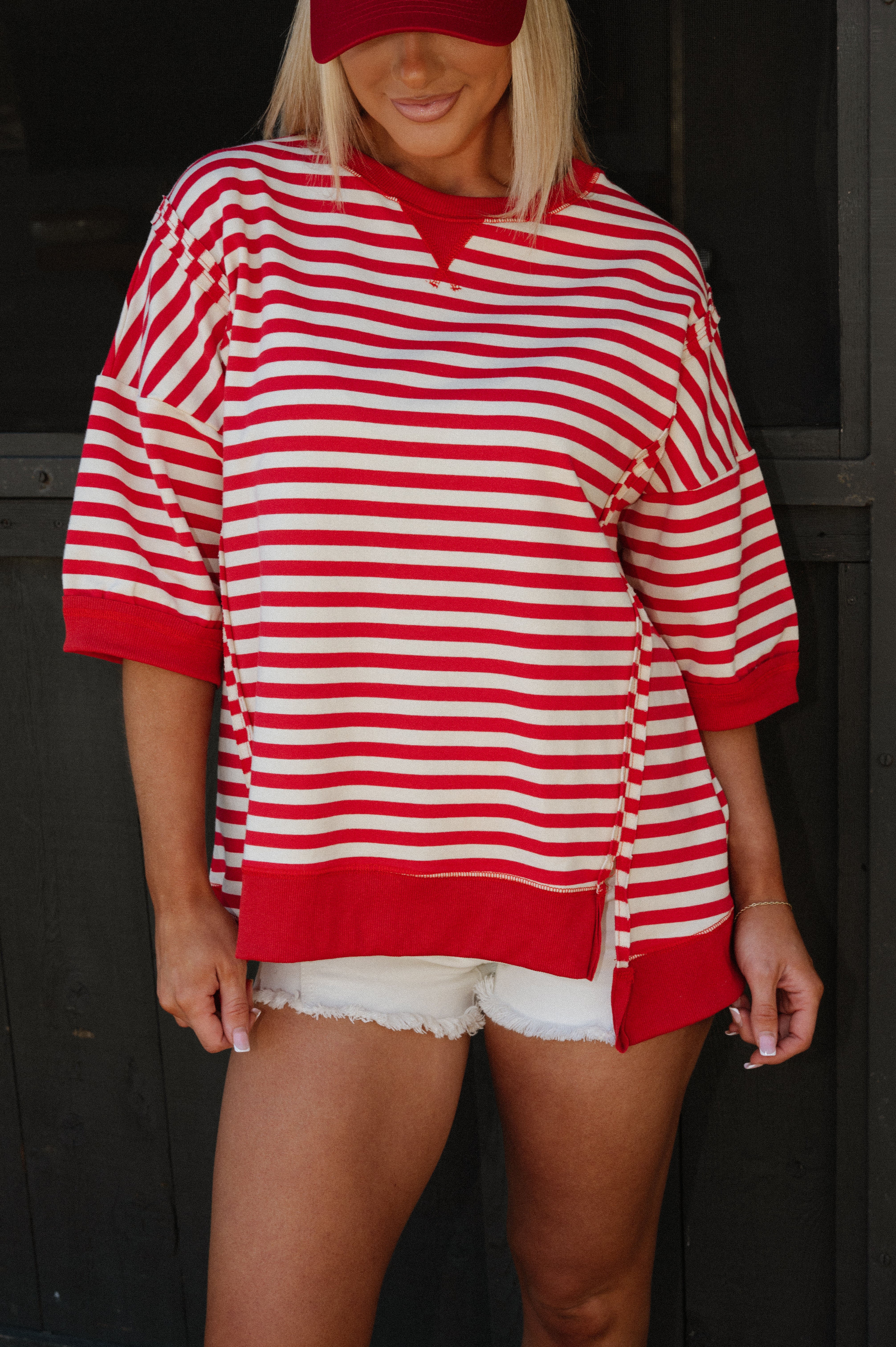 Loxley Oversized Striped Top-Red/Cream
