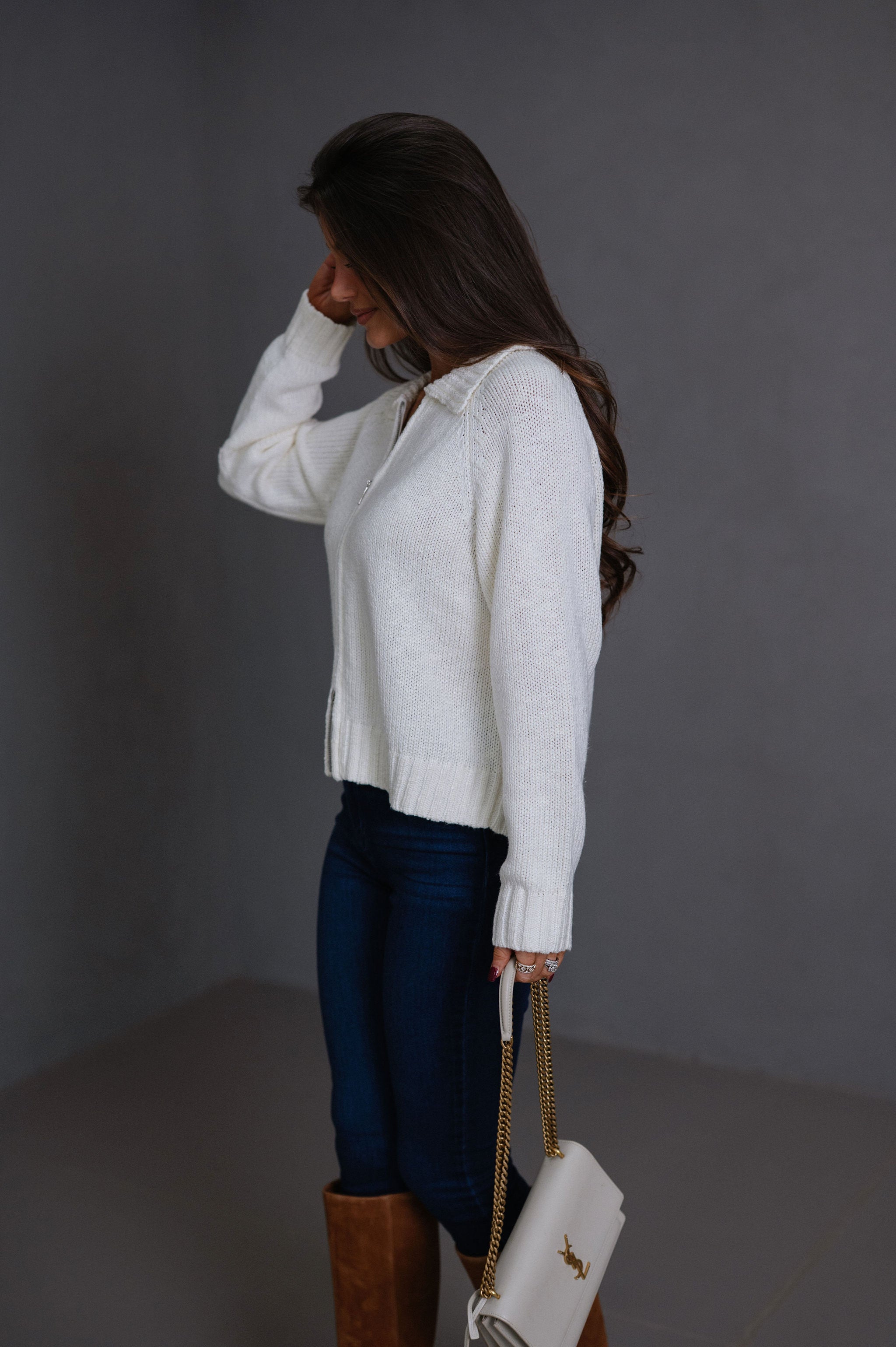 Riya Zip Up Knit Sweater-Cream