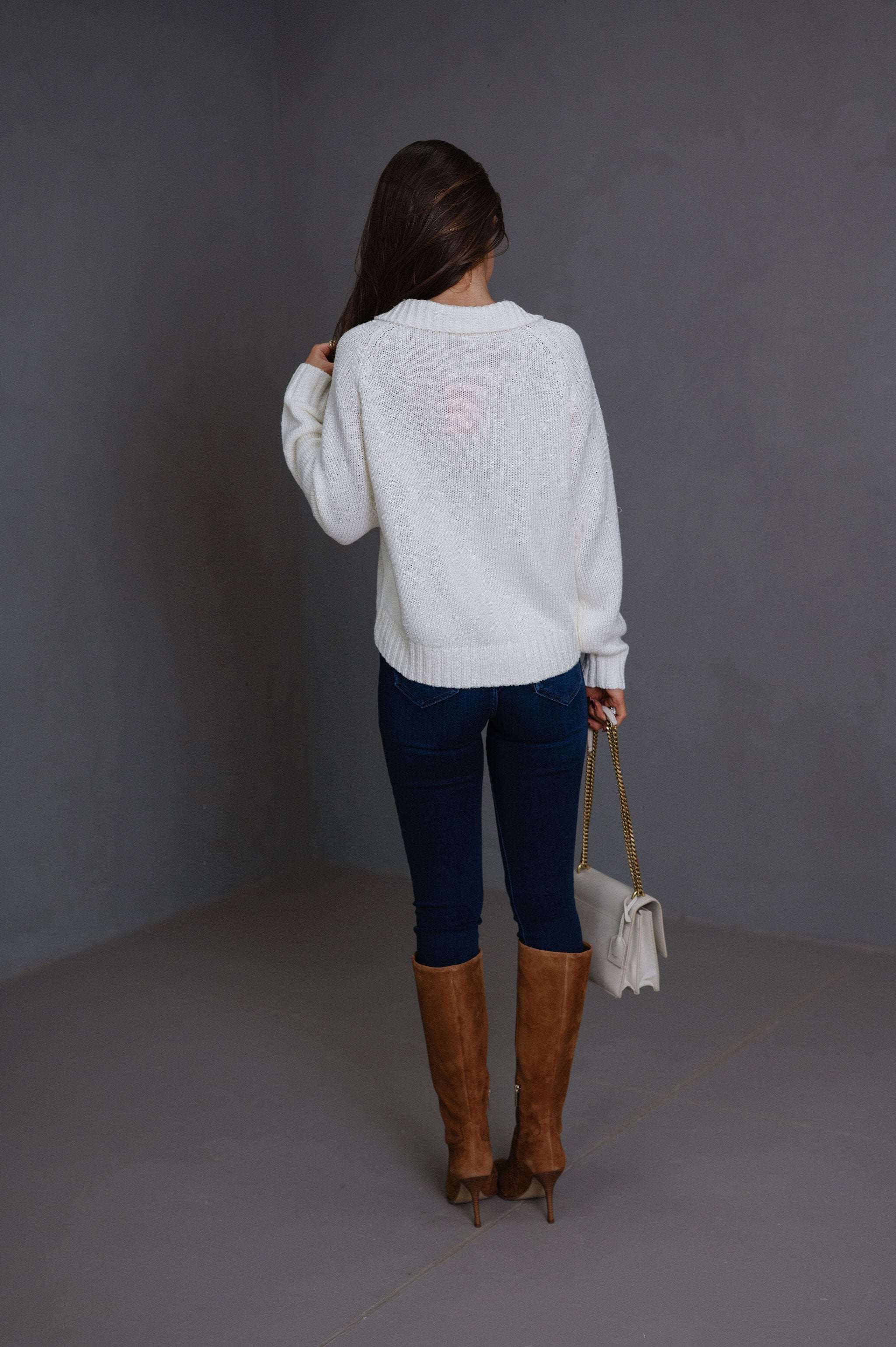 Riya Zip Up Knit Sweater-Cream