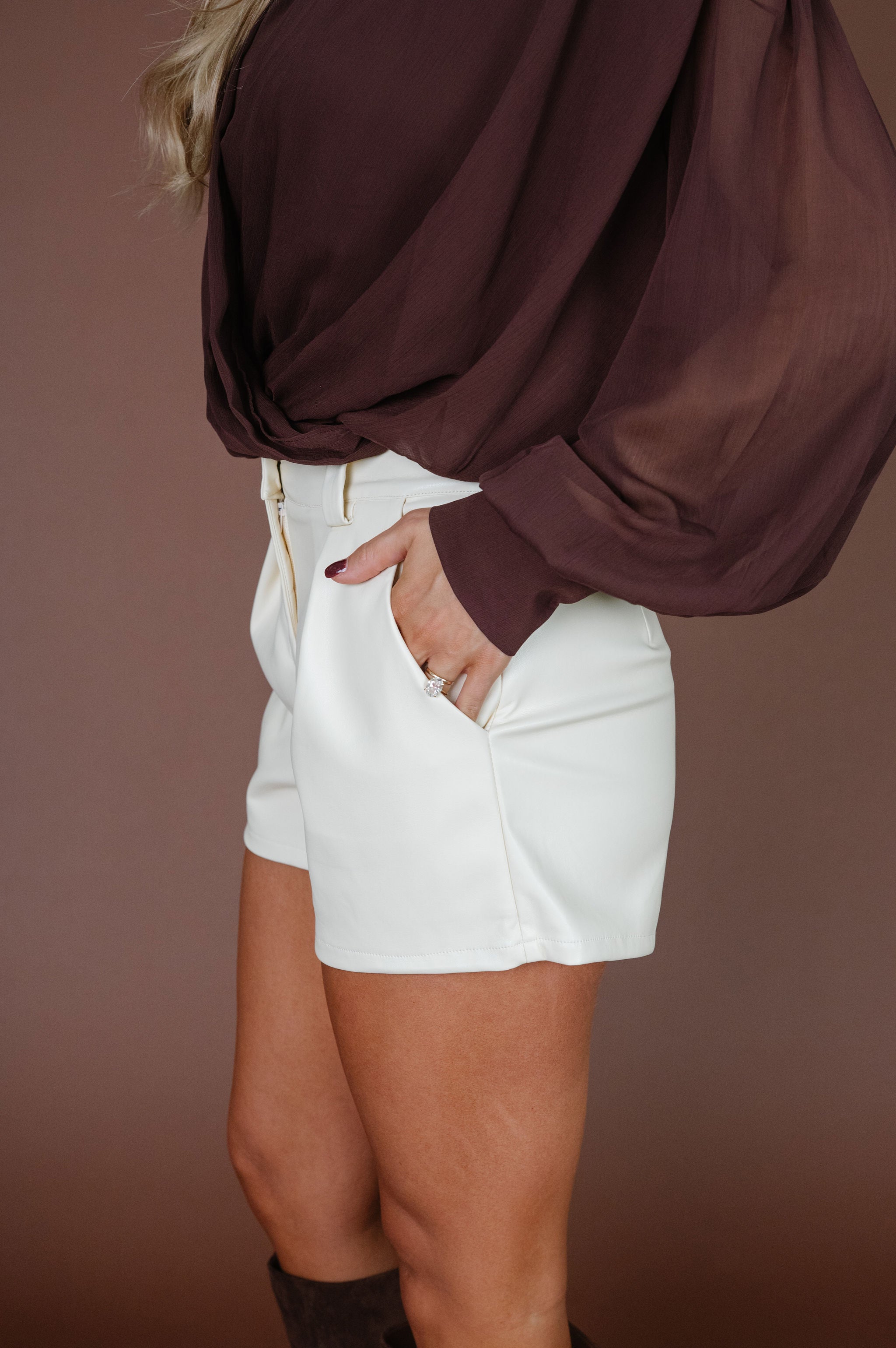 Faux Leather Pleated Shorts-Cream