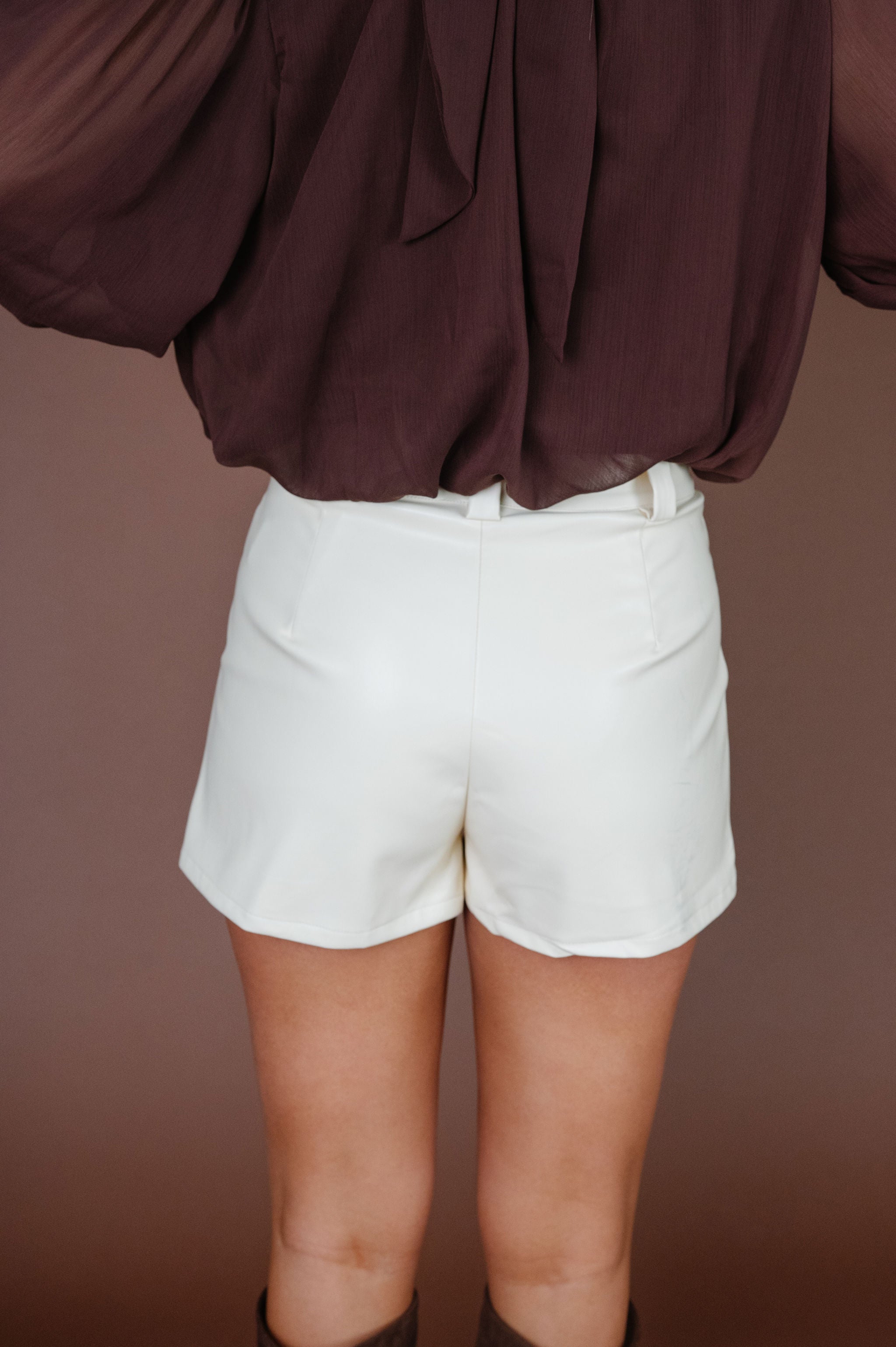 Faux Leather Pleated Shorts-Cream