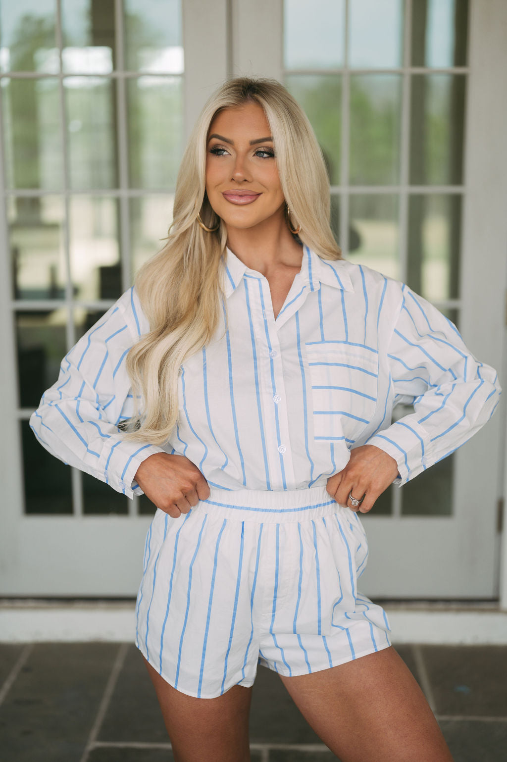 Evie Striped Button Down Shirt Set- White/Blue