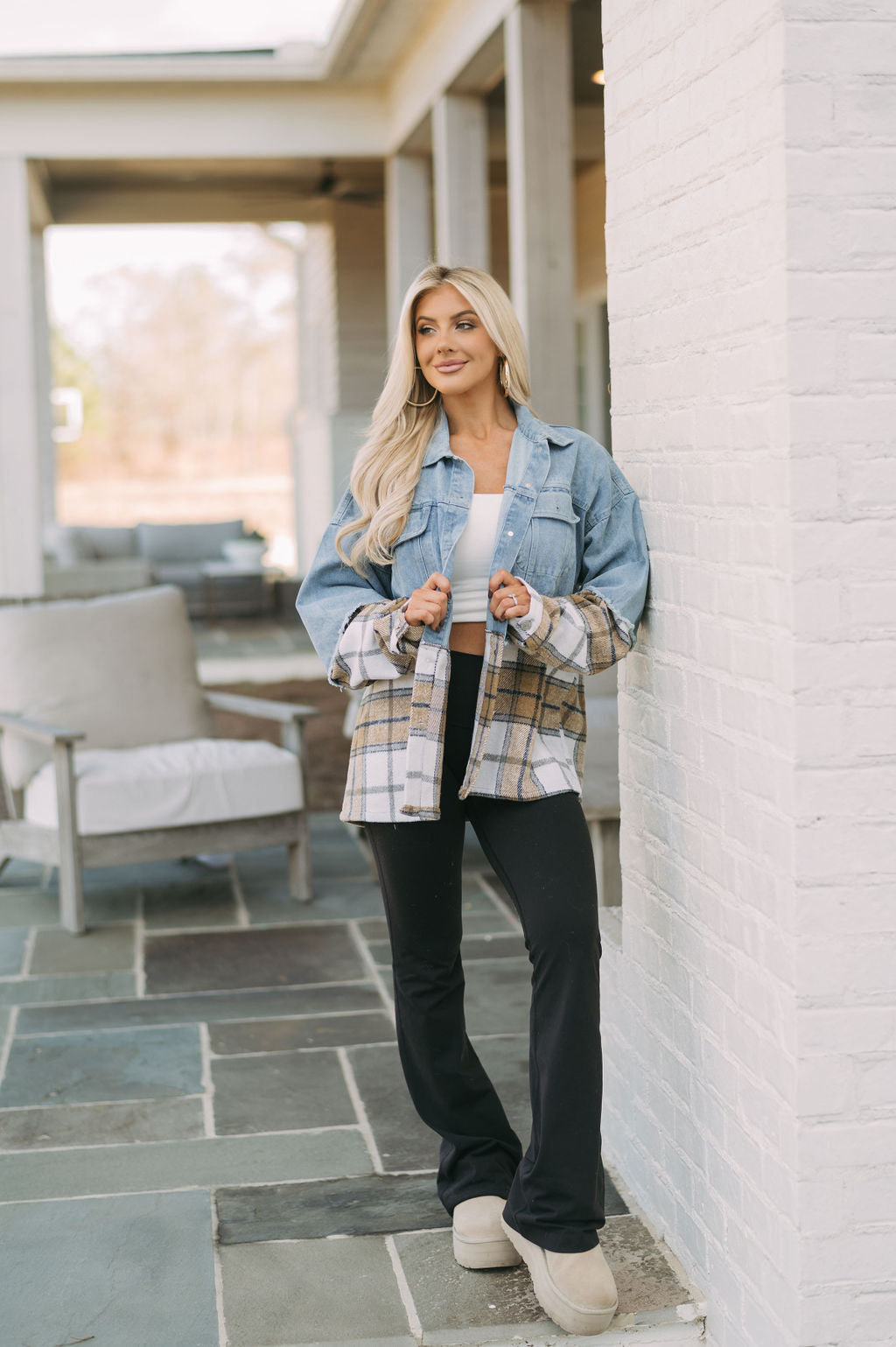 Denim Plaid Contrasted Jacket-Camel