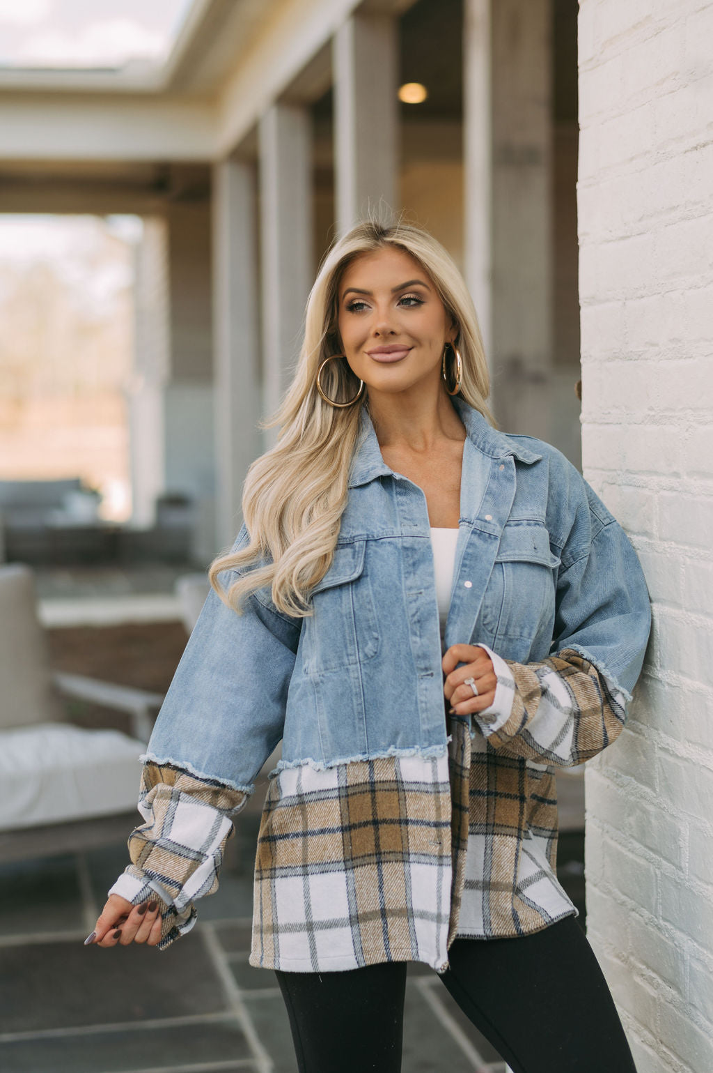 Denim Plaid Contrasted Jacket-Camel