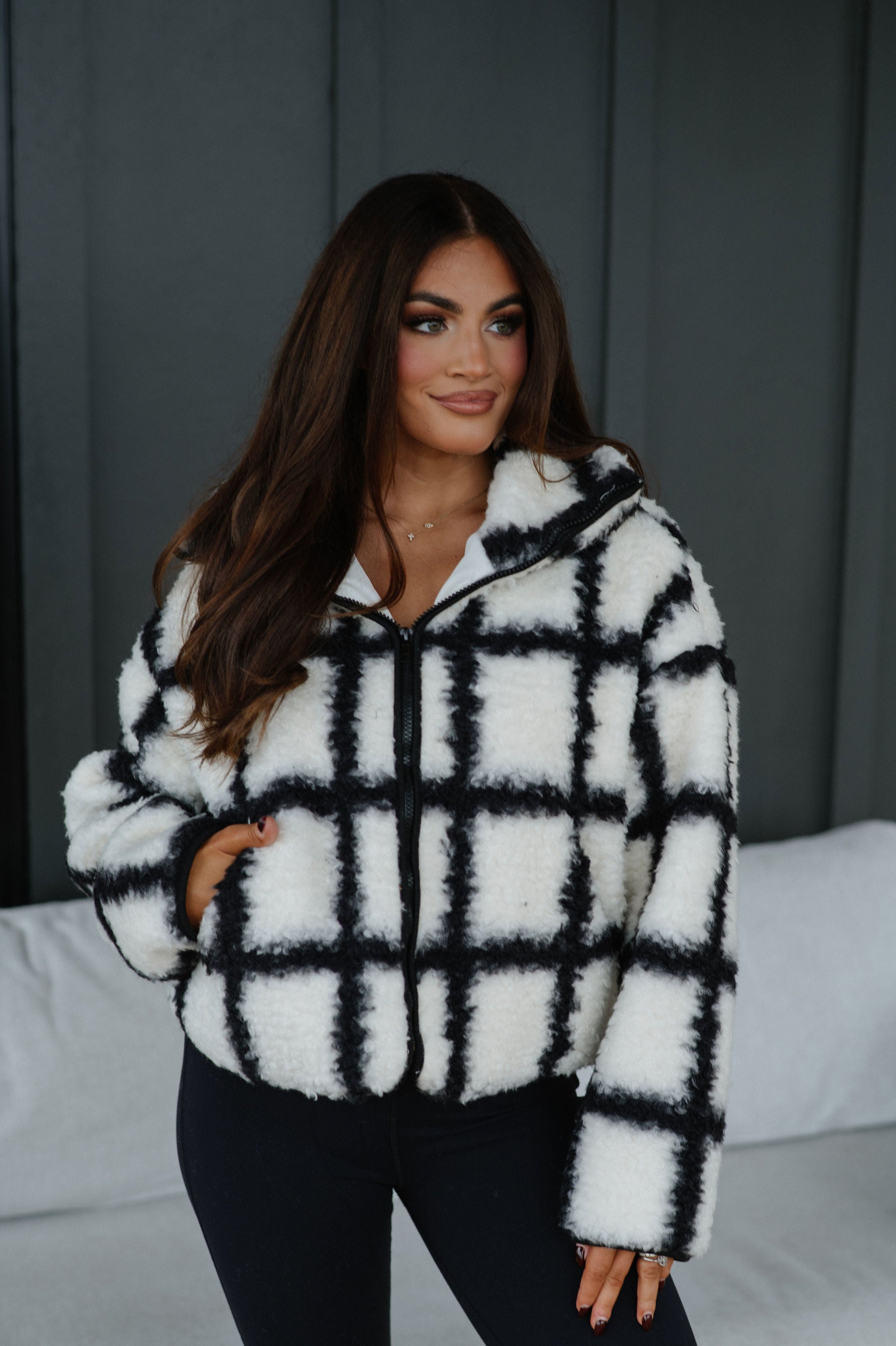 Check-Print Sherpa Jacket-Cream/Black