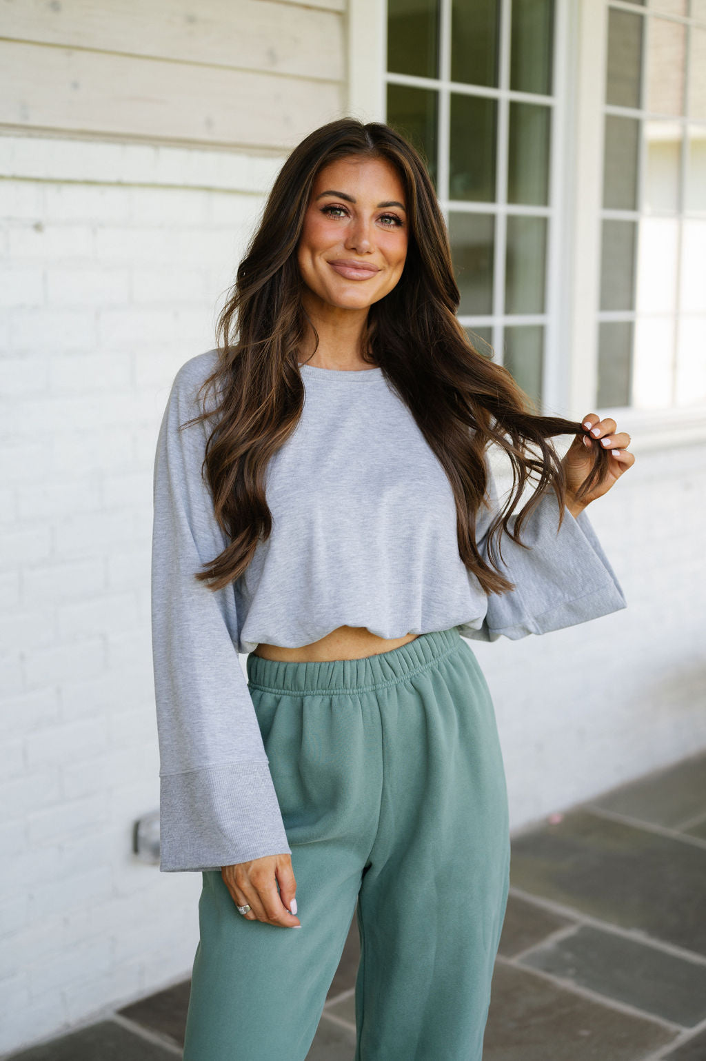 Bell Sleeve Cropped Top-Heather Grey