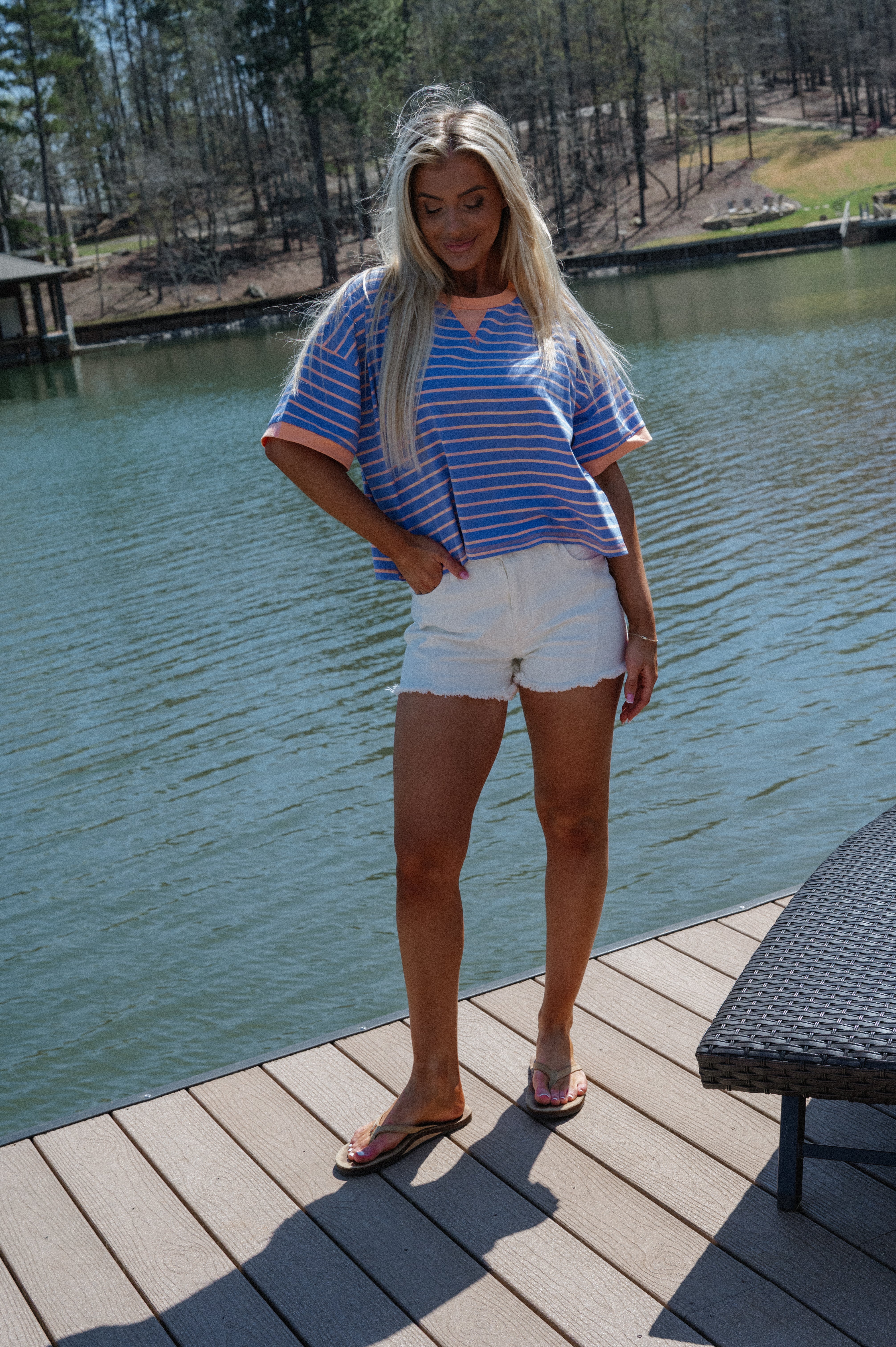 Myles Striped Tee-Periwinkle/Orange