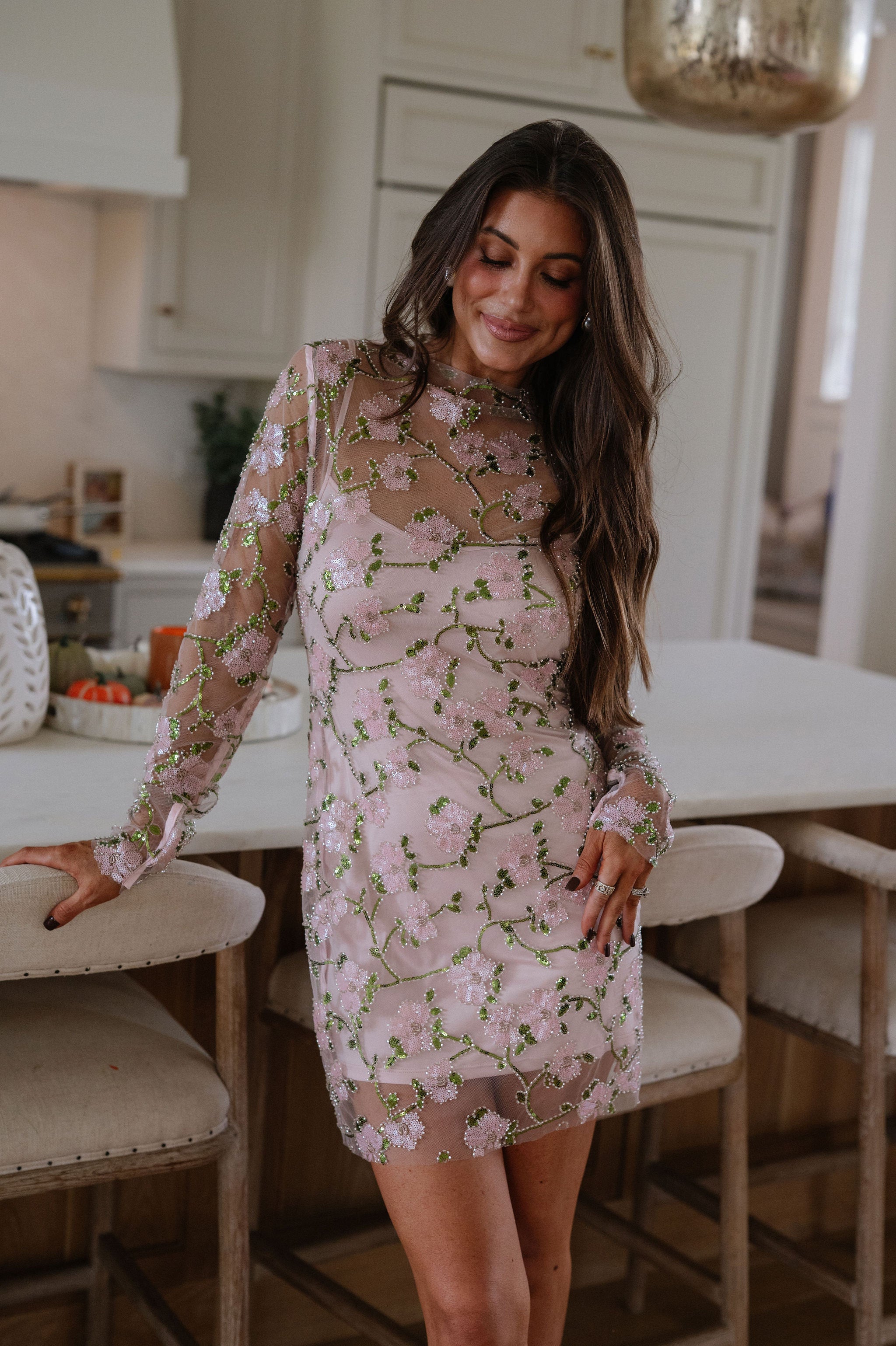 Floral Sequin Mesh Mini Dress-Pink Multi