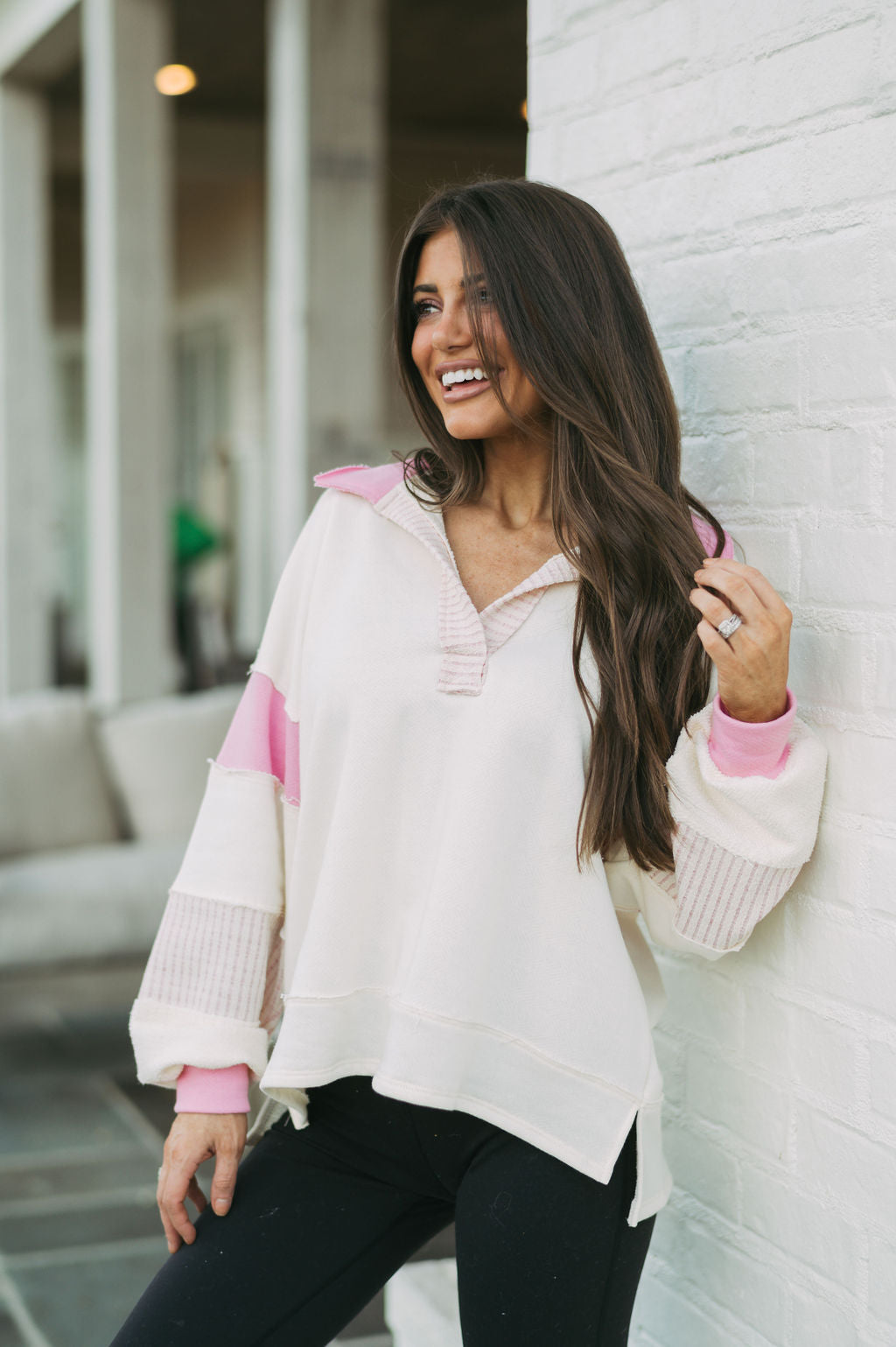 French Terry Collared Pullover-Cream/Pink