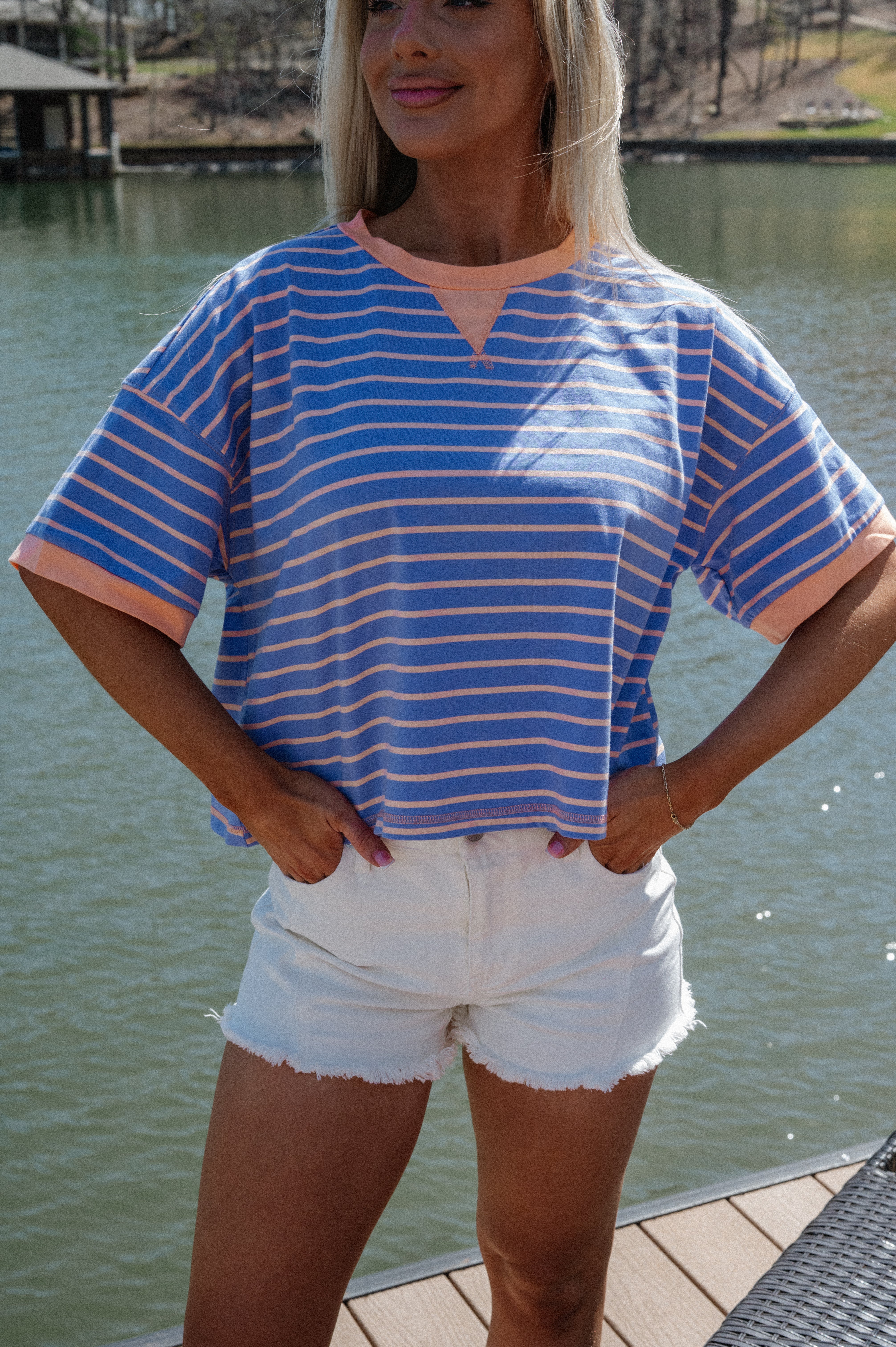 Myles Striped Tee-Periwinkle/Orange