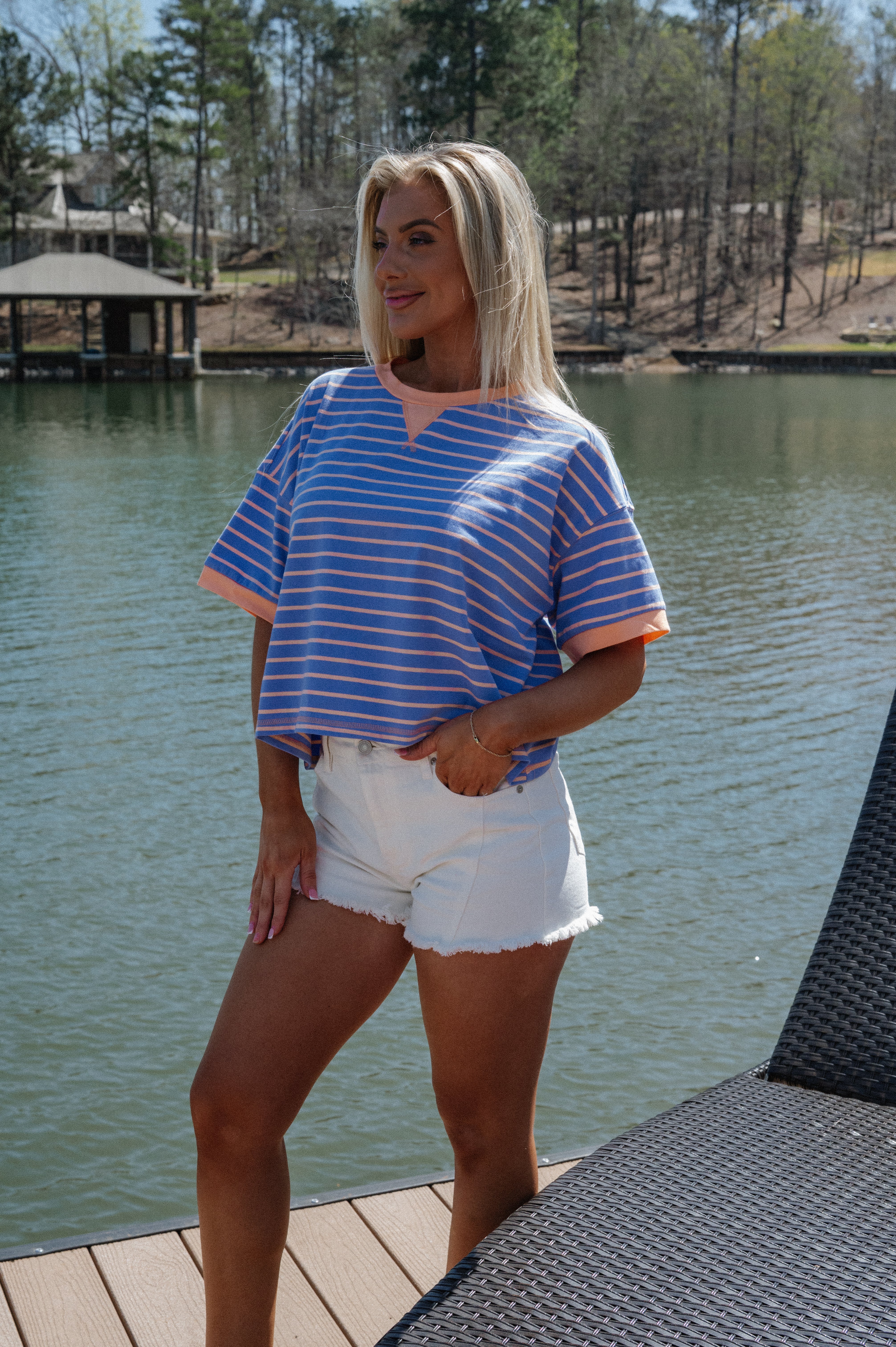 Myles Striped Tee-Periwinkle/Orange