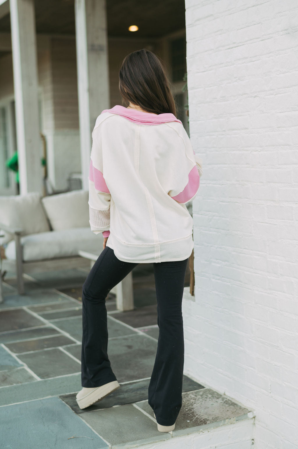 French Terry Collared Pullover-Cream/Pink