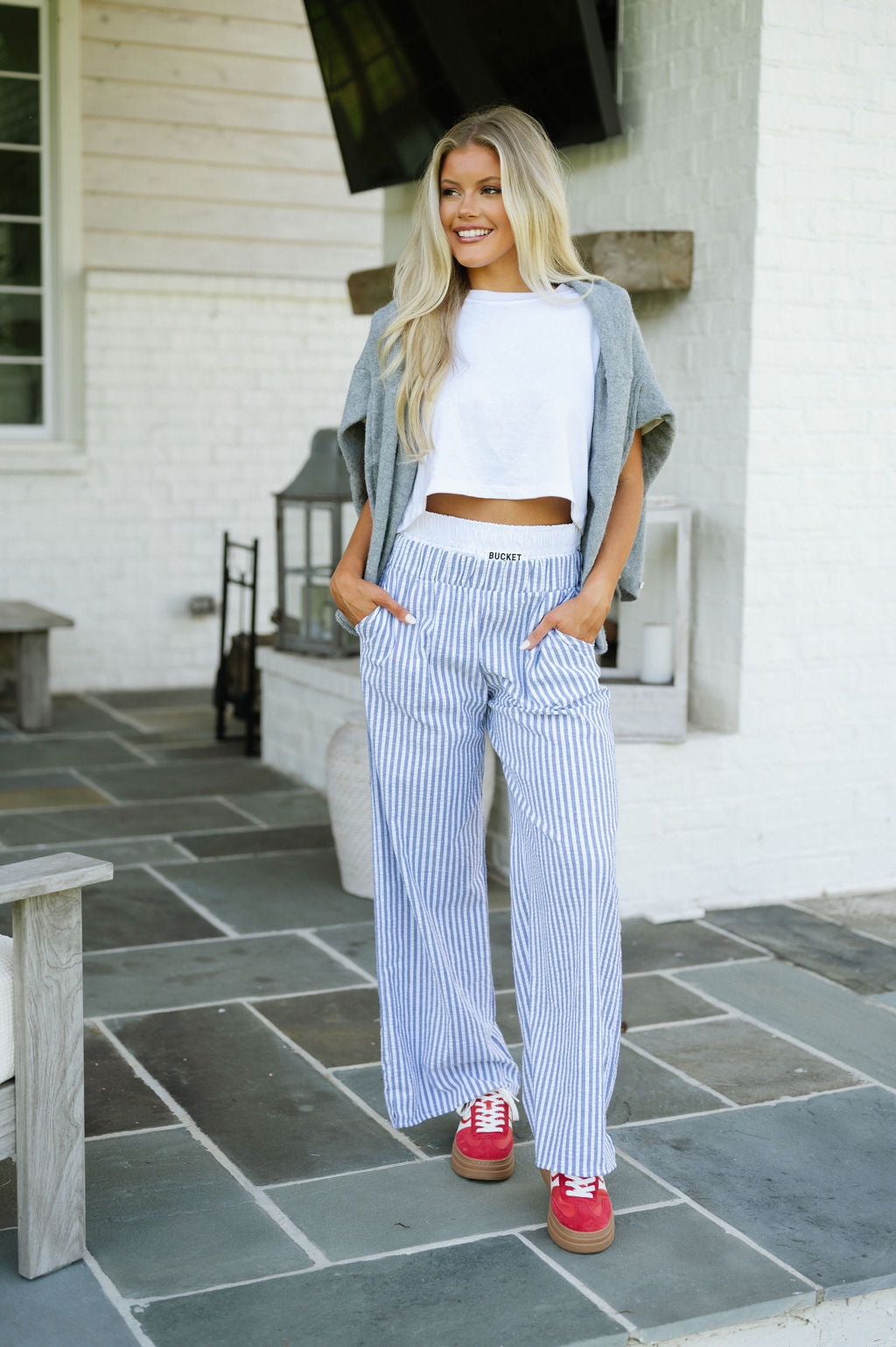 Striped Seersucker Boxer Pants-Blue/White