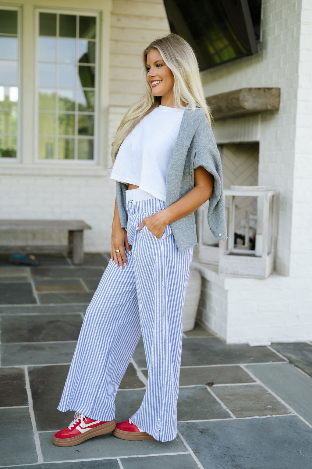 Striped Seersucker Boxer Pants-Blue/White