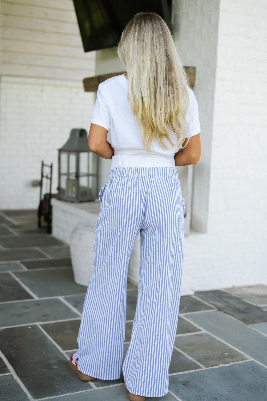 Striped Seersucker Boxer Pants-Blue/White