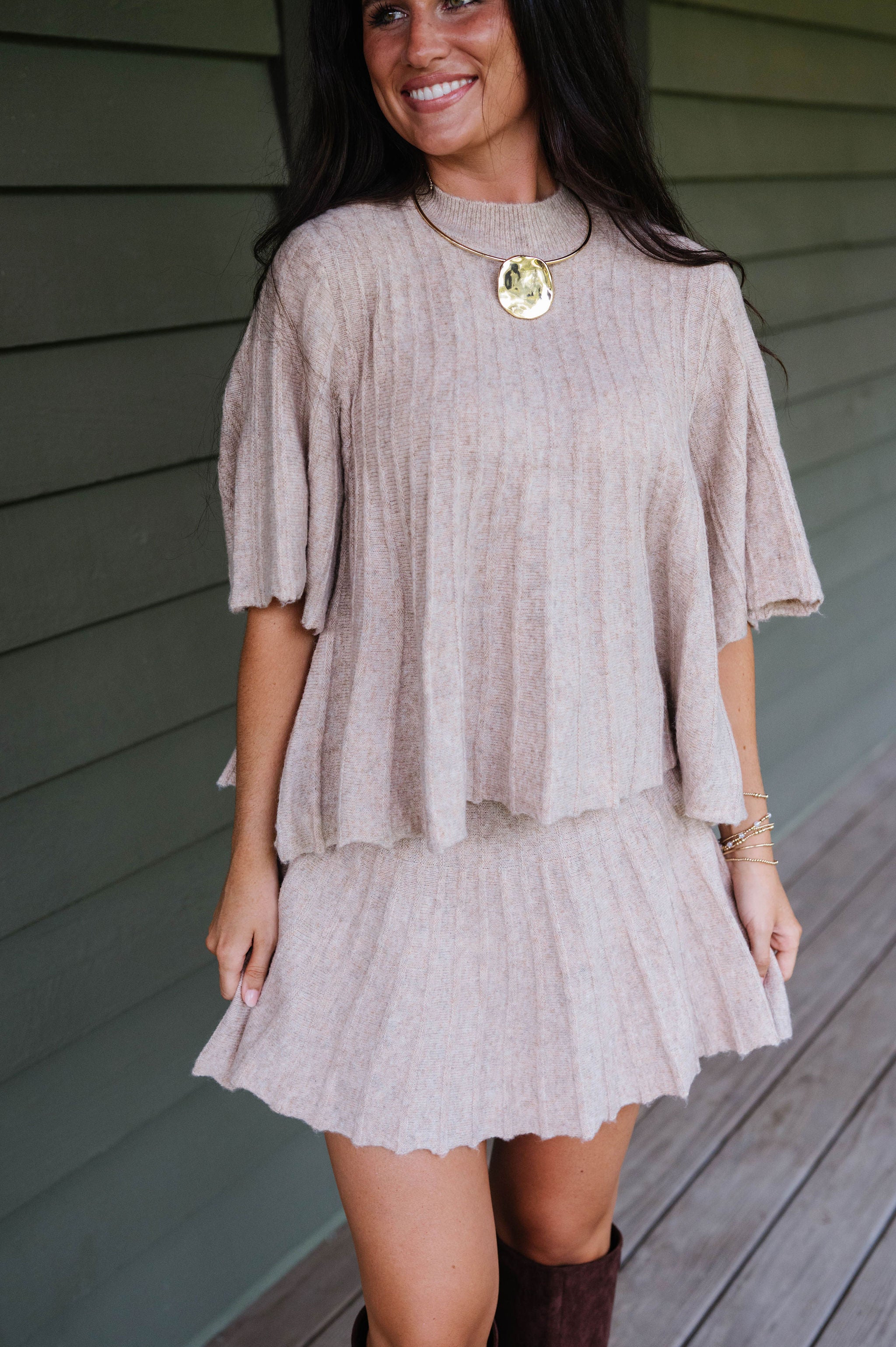 Serena Knit Skirt Set-Beige