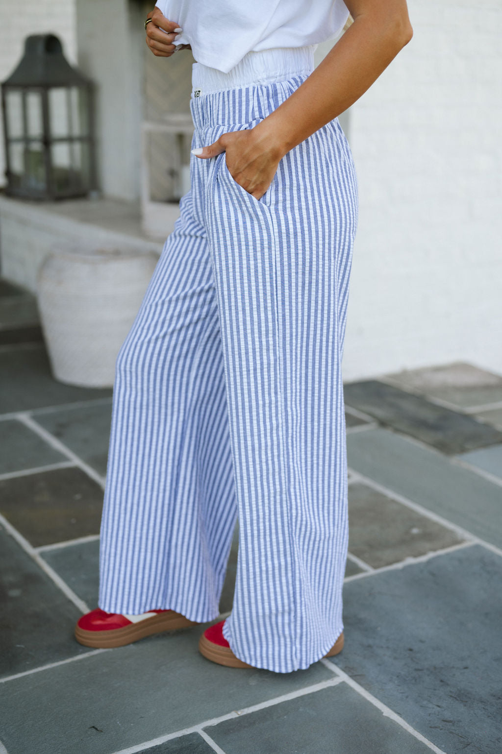 Striped Seersucker Boxer Pants-Blue/White