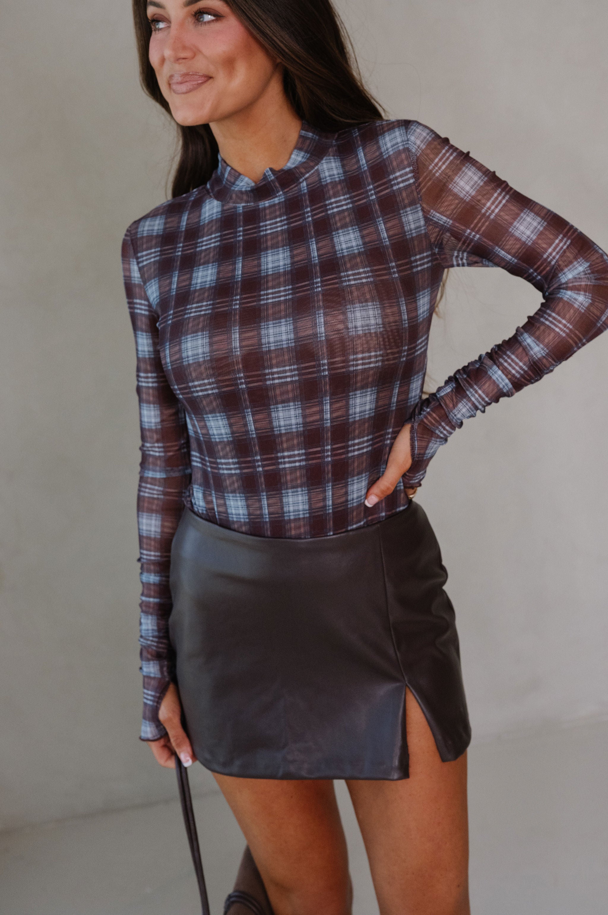 Plaid Print Bodysuit- Brown/Blue