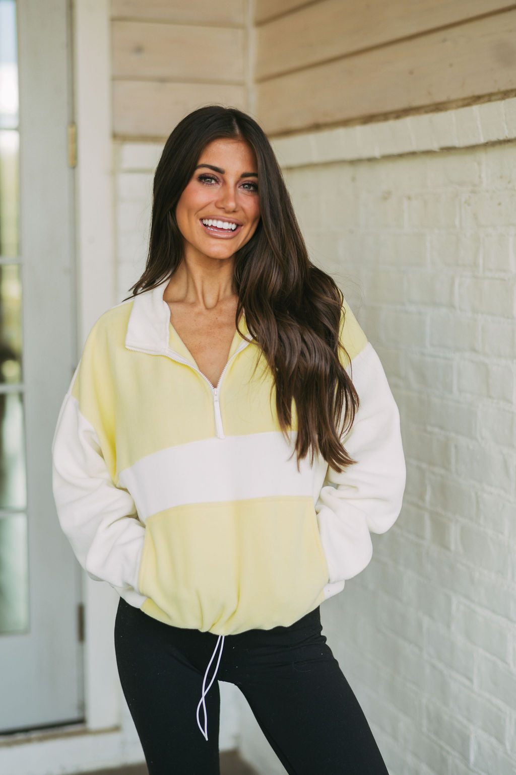 Quarter Zip Fleece Pullover-Yellow/Off White