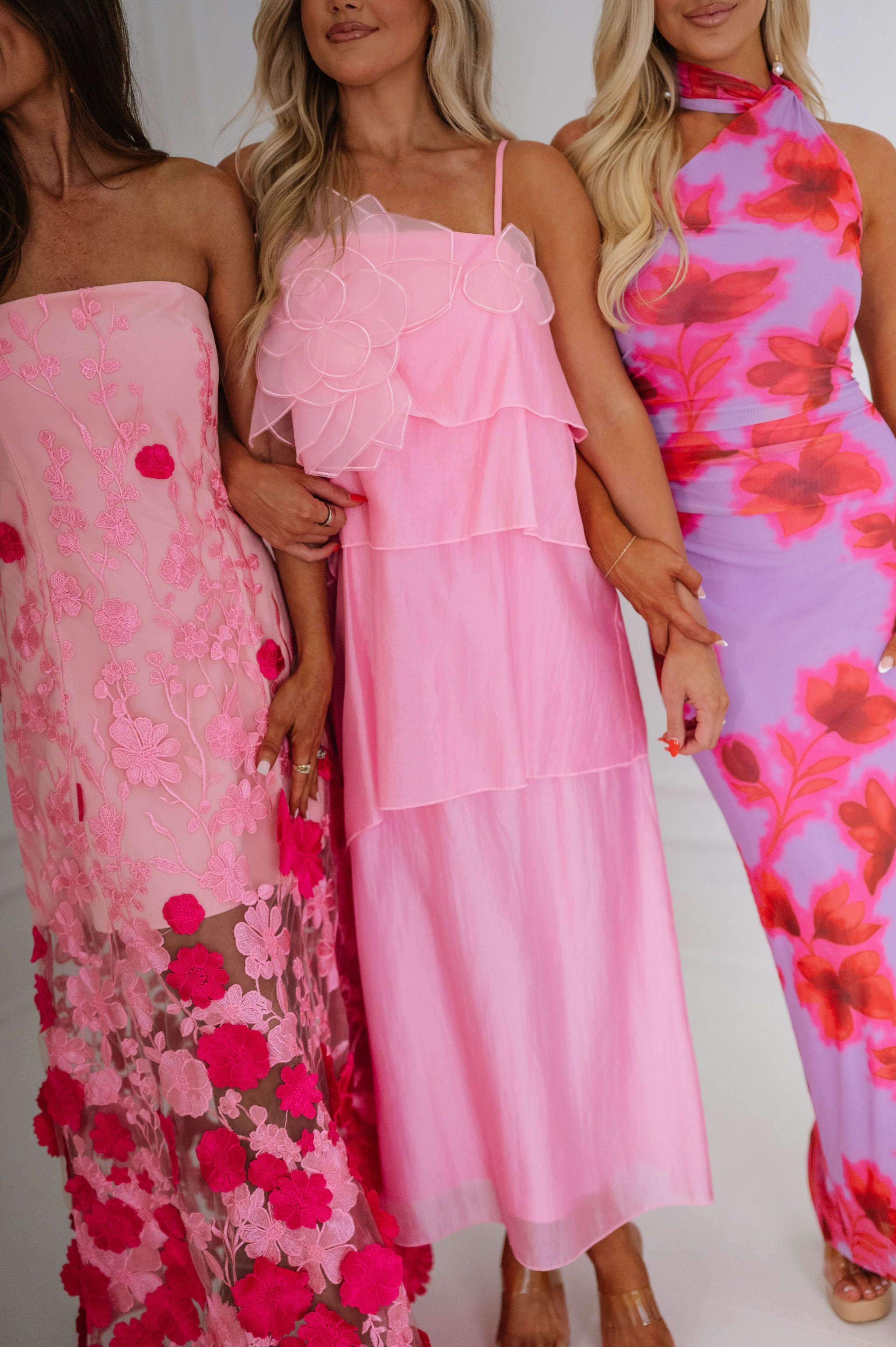 Dominique Floral Applique Tiered Maxi Dress-Pink