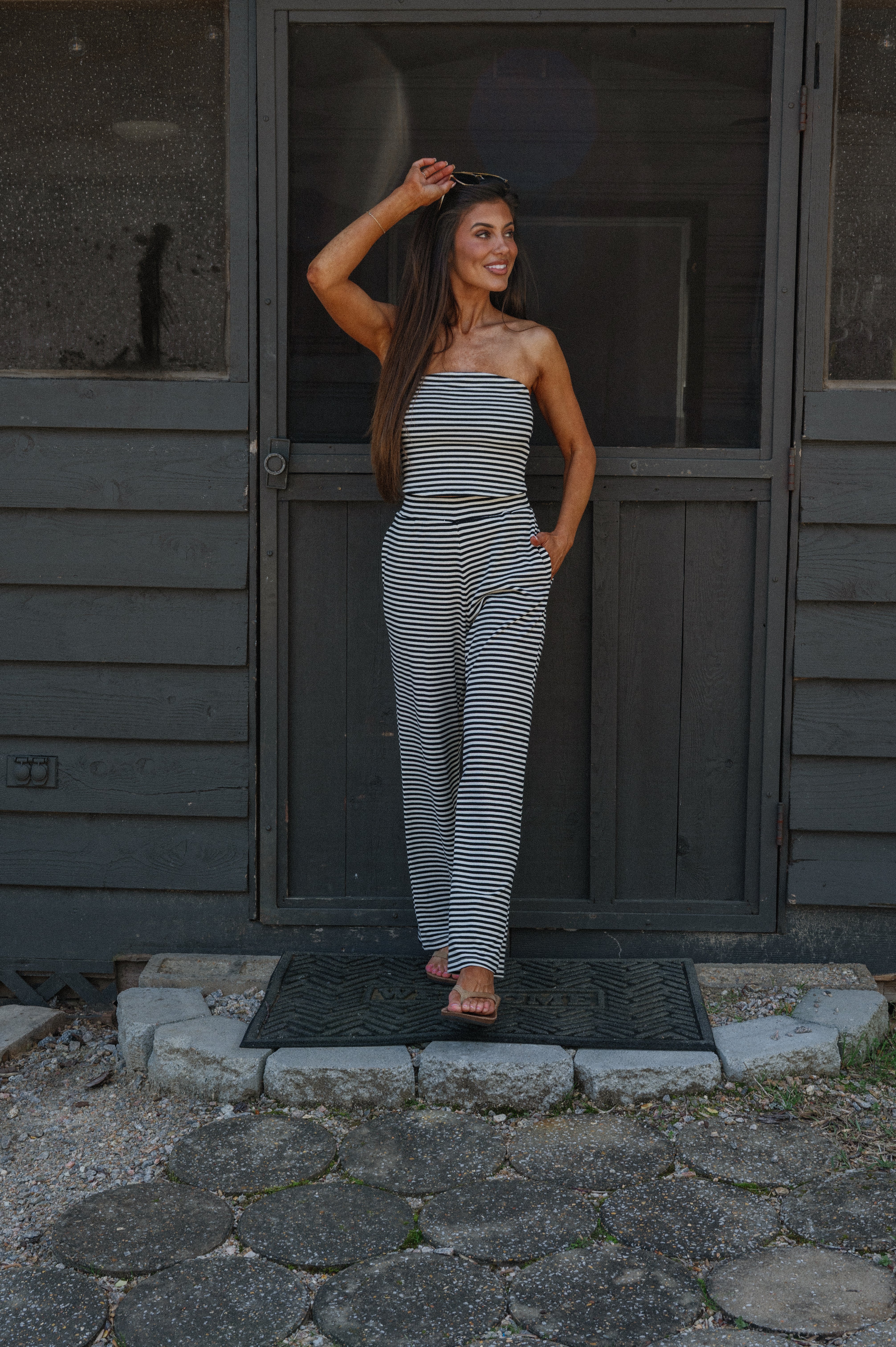 Bex Striped Pants Set-Black/Cream