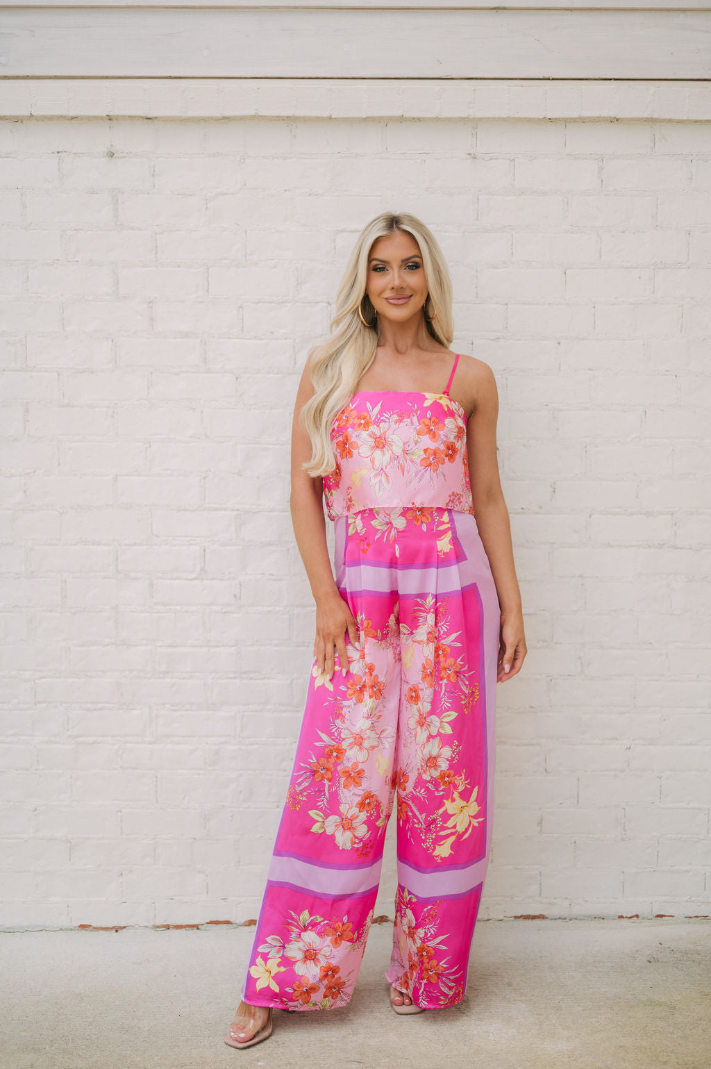 Floral Printed Satin Jumpsuit-Pink Multi